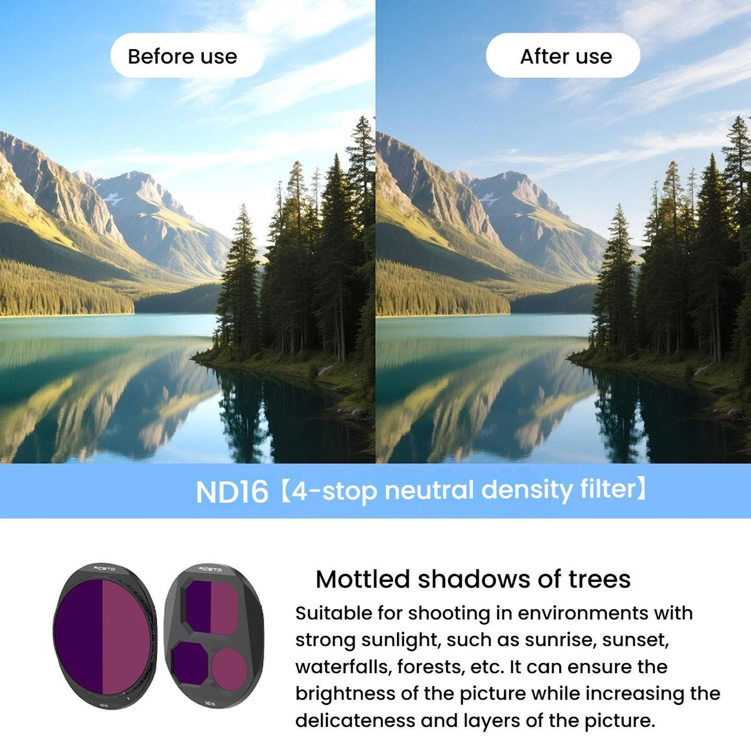 Vergleichsbilder vor und nach der Nutzung eines ND16-Filters mit Berg- und Waldlandschaft sowie Produktabbildungen.