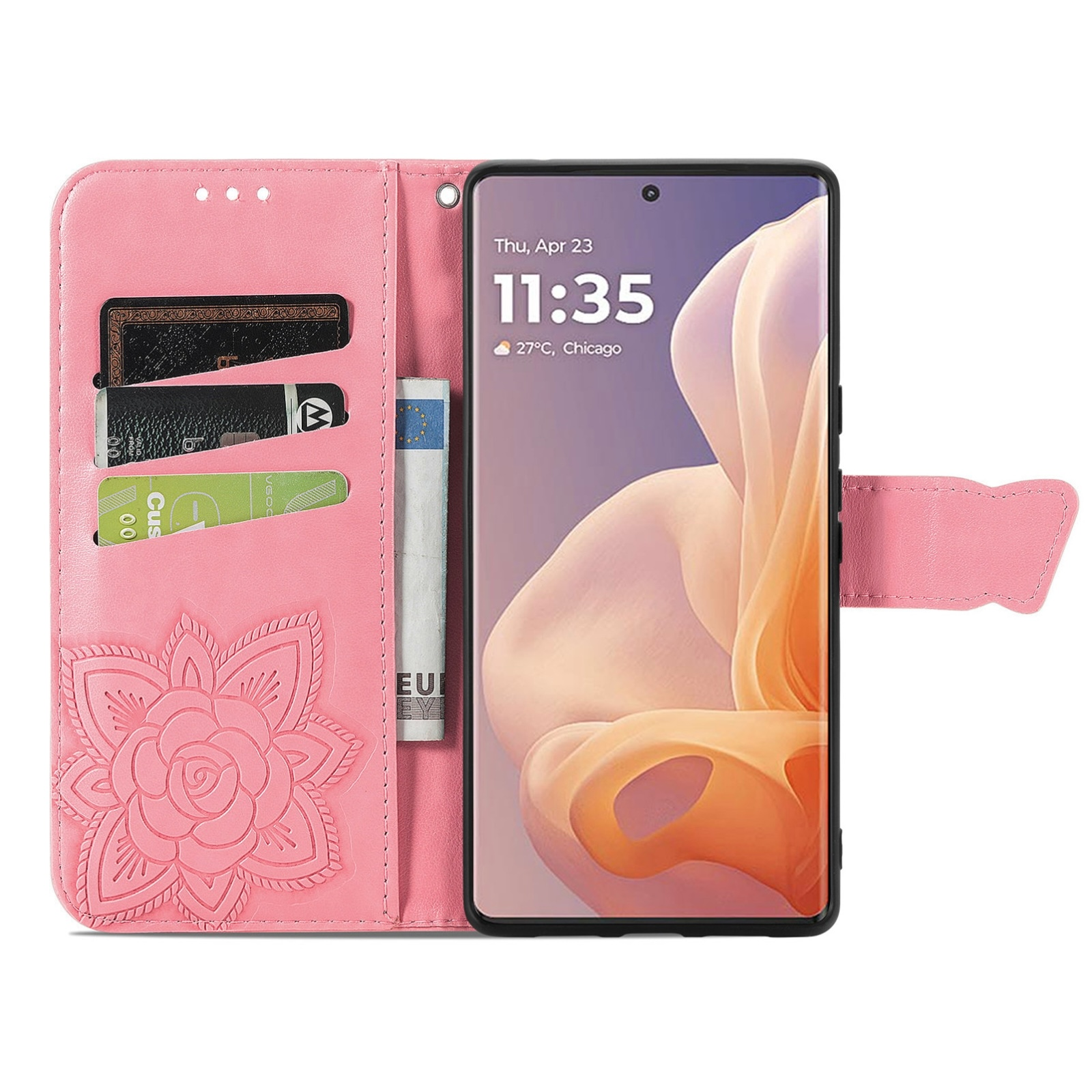 Rosa Leder-Handyhülle mit floraler Prägung, Kartenfächern, Geldschein und Smartphone mit digitalem Display.