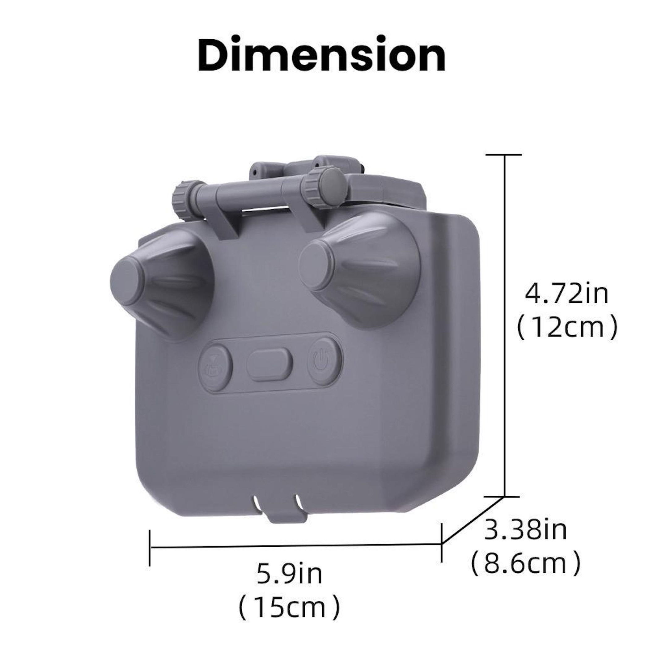 Grauer Controller mit Abmessungen: Höhe 12 cm, Breite 15 cm, Tiefe 8,6 cm.