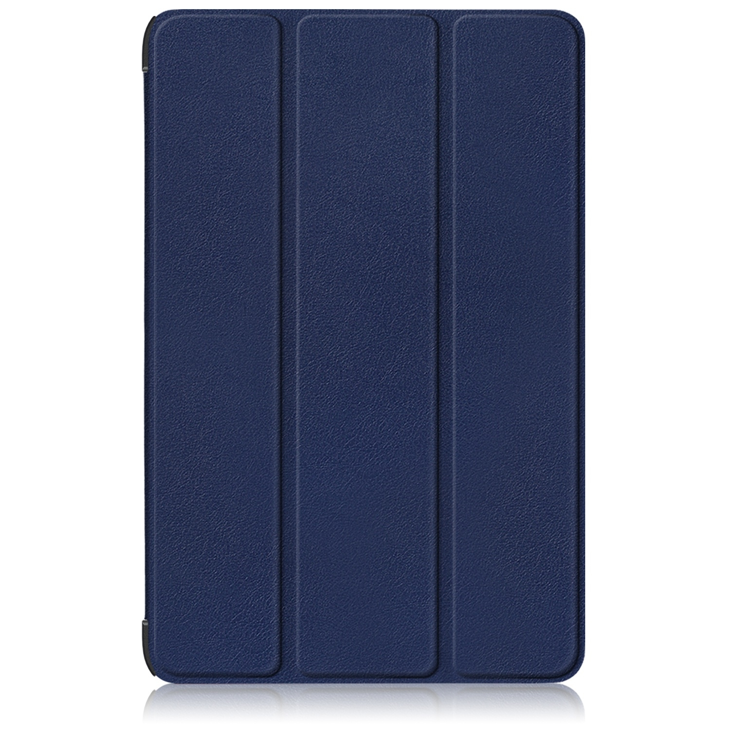 Ein geschlossenes, dunkelblaues Tablet-Flipcase mit drei vertikalen Faltelementen und strukturierter Kunstlederoptik.