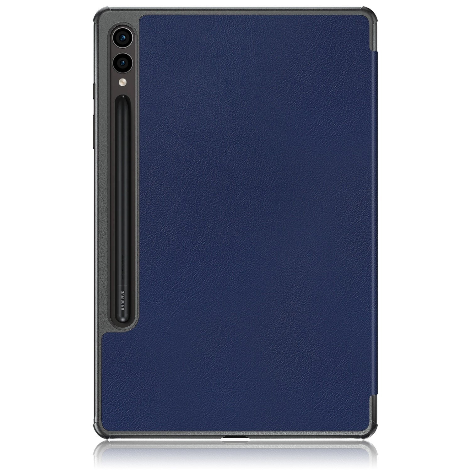Blaue Tablet-Hülle mit dunkelgrauem Rahmen, zwei vertikalen Kameras und einem Stift auf der Rückseite.