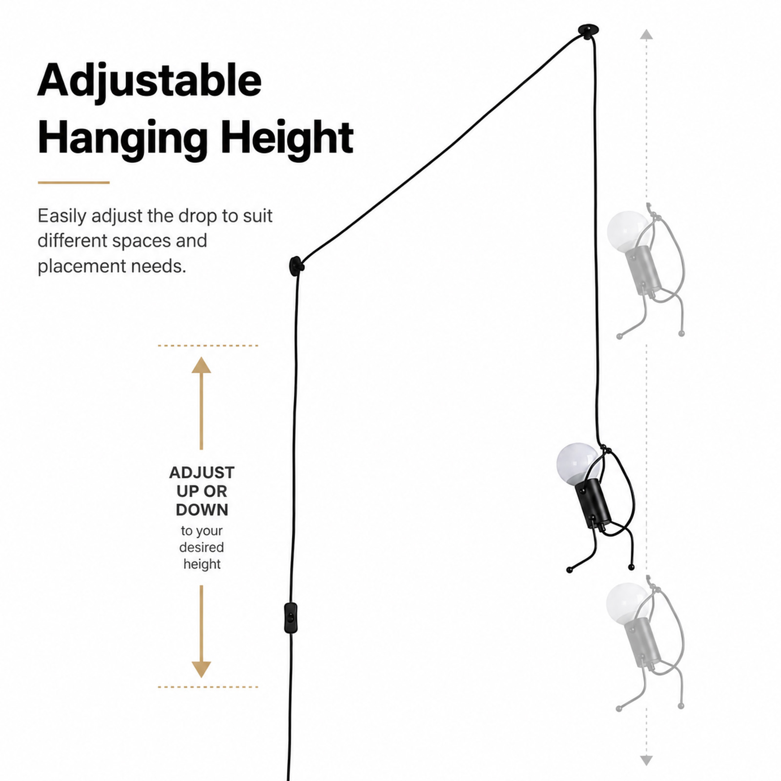 Diagrama que muestra la altura de suspensión ajustable de una lámpara negra con cable.