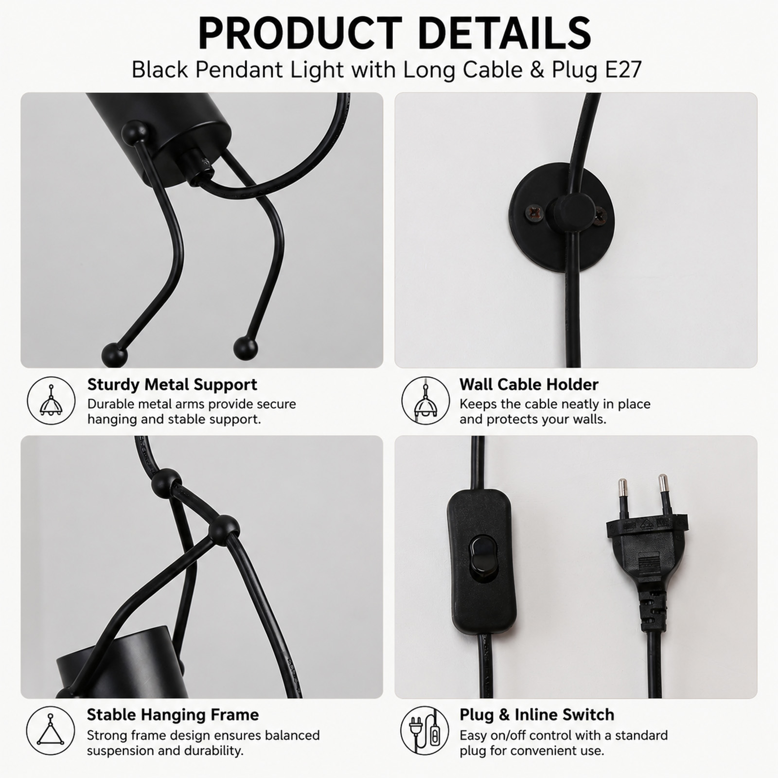 Detalles de una lámpara colgante negra con soporte metálico, sujetacables, interruptor y enchufe.