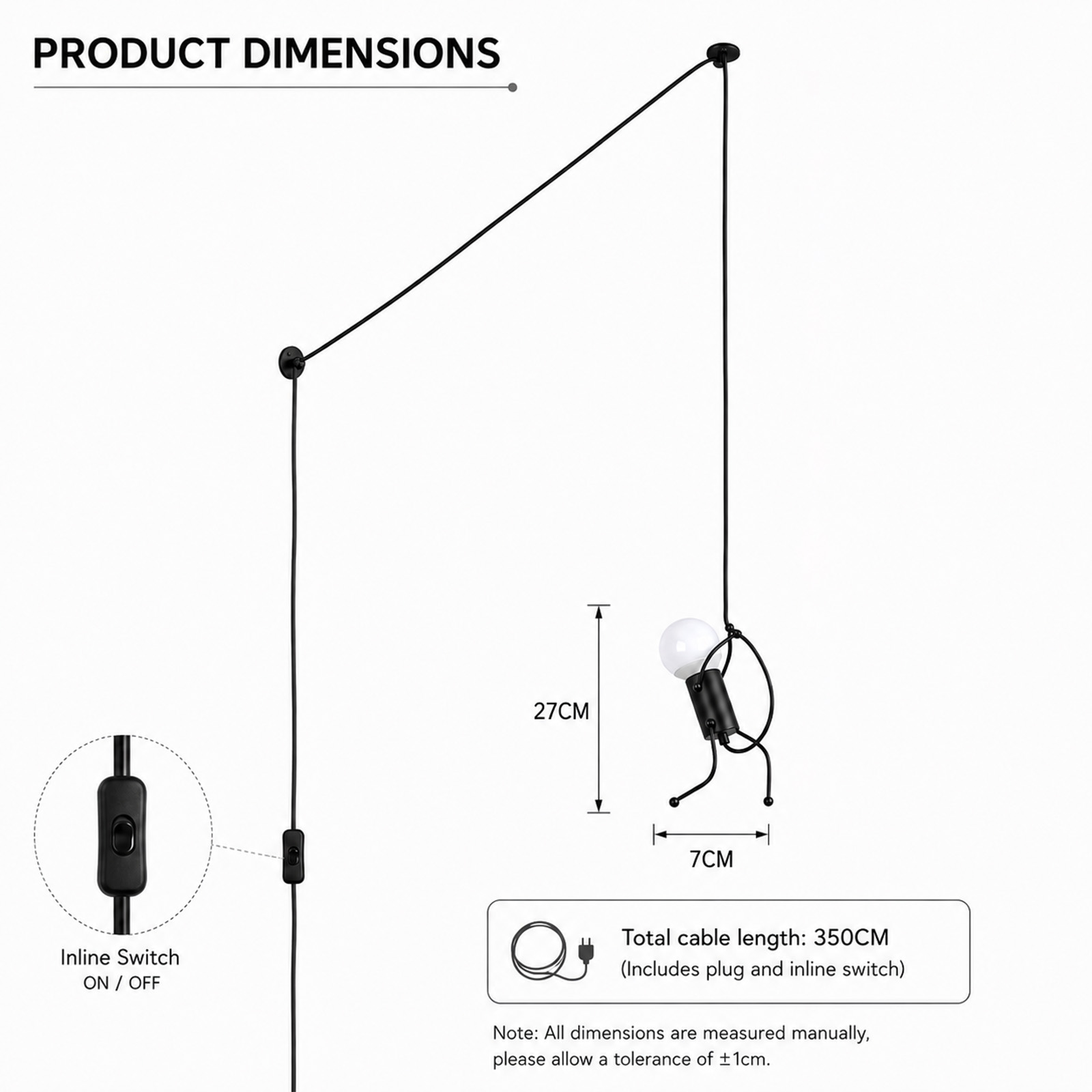 Plano de dimensiones de lámpara de pared con 27 cm de alto, 7 cm de ancho y cable de 350 cm con interruptor.