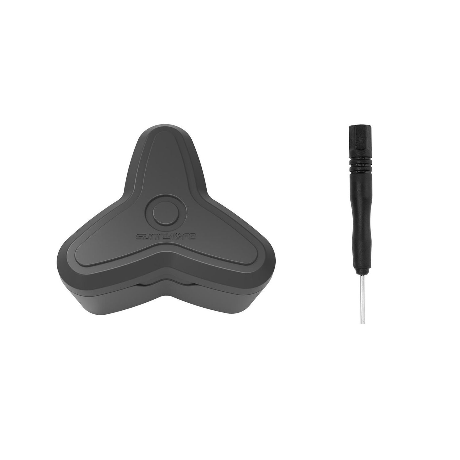 Ein schwarzes dreieckiges Etui mit einem zentralen Knopf und ein kleiner schwarzer Schraubendreher vor weißem Hintergrund.