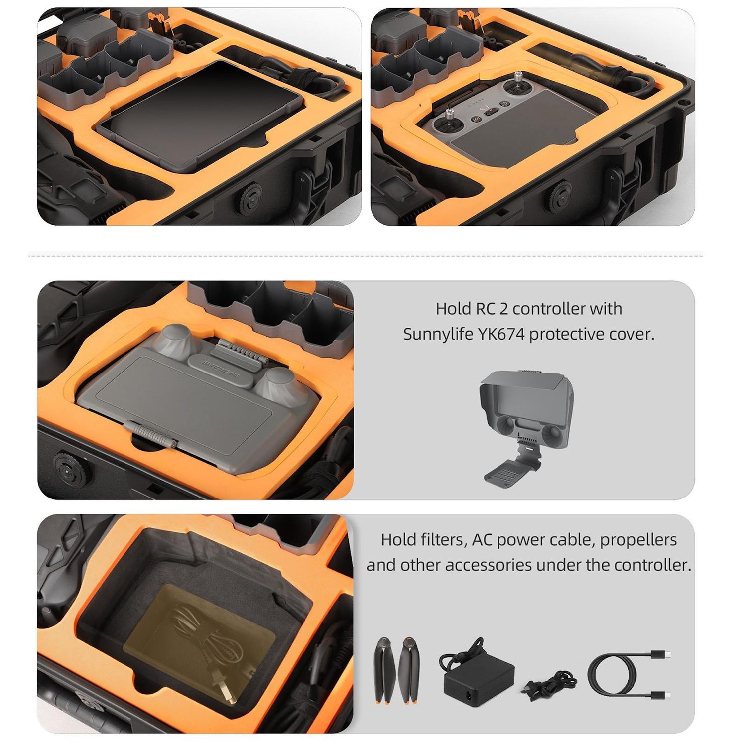 Schwarzer Drohnenkoffer mit orangem Innenfutter, Platz für Controller mit Abdeckung und Zubehör darunter.