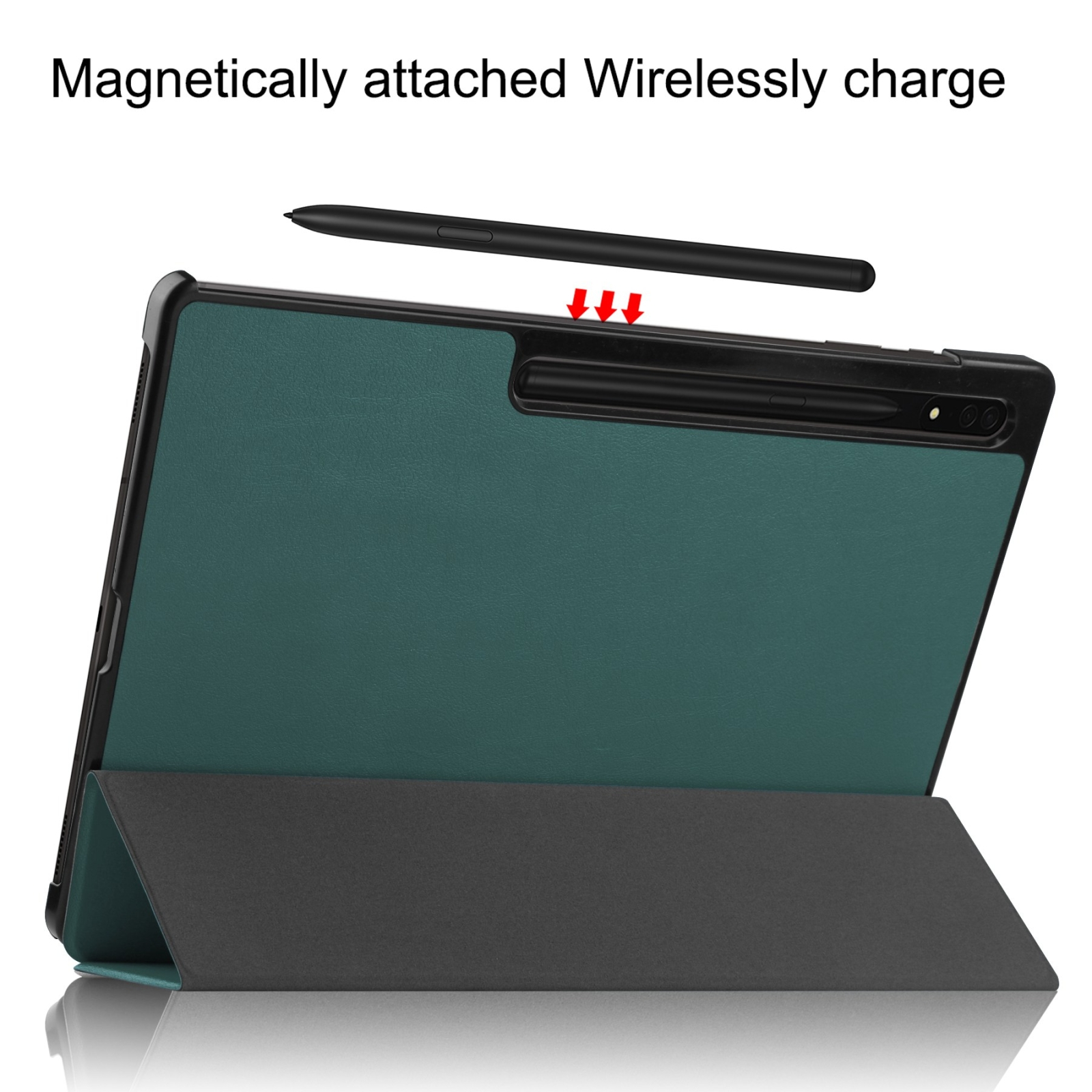 Ein Stift schwebt über einem Tablet in einer grünen Schutzhülle, die auf einem Ständer steht.