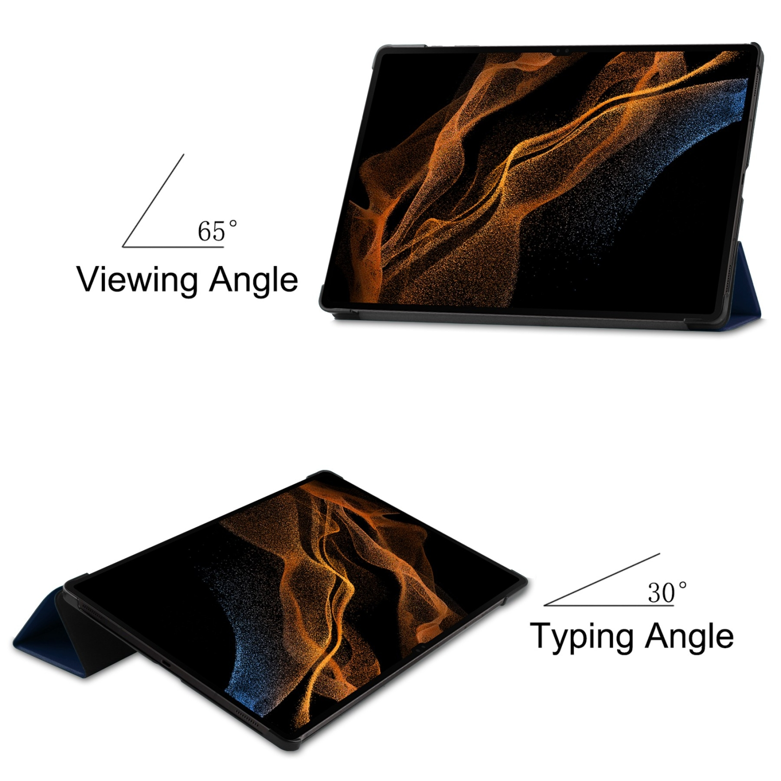 Tablet in einer Hülle mit 65 Grad Betrachtungswinkel und 30 Grad Tippwinkel.
