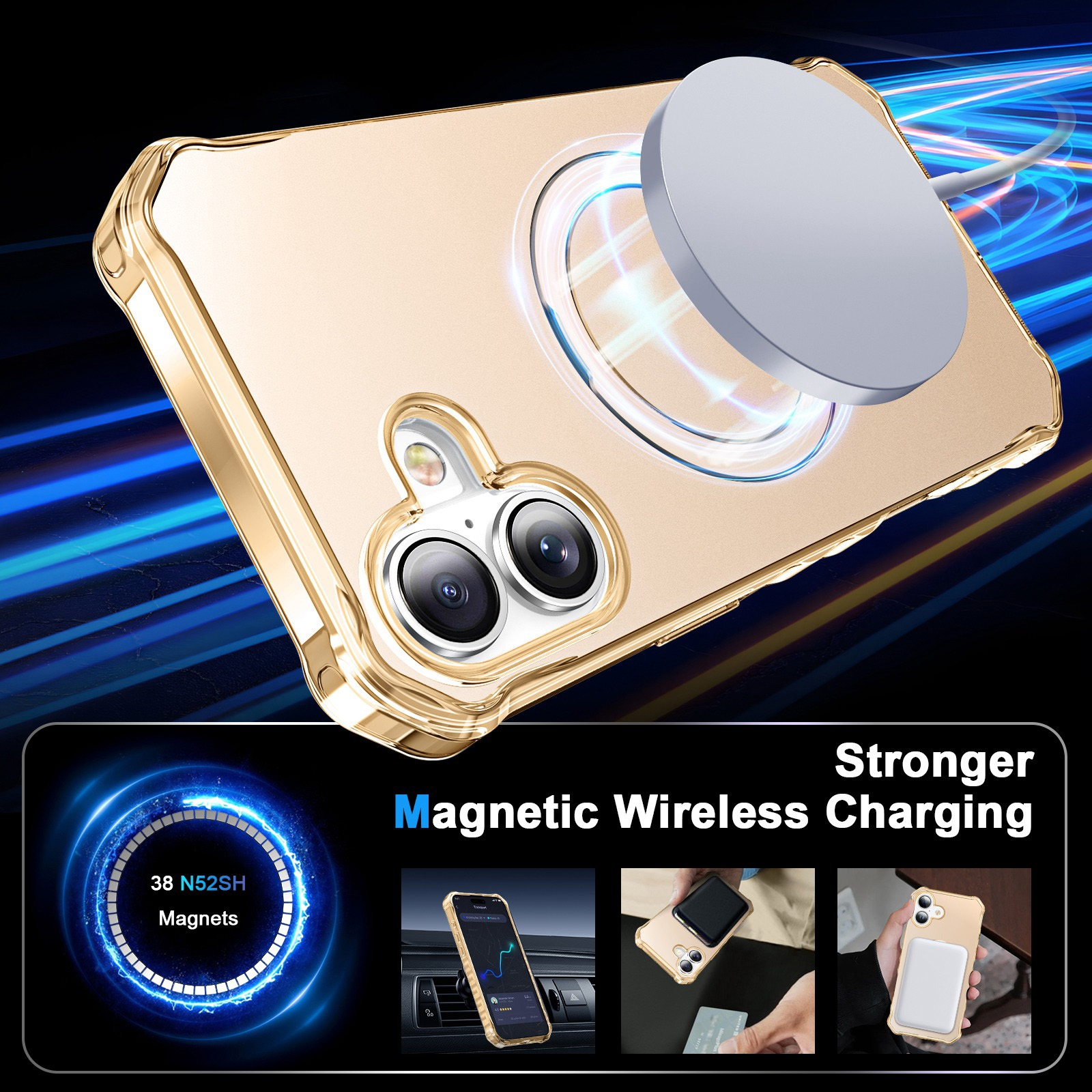 Goldene Handyhülle mit Dual-Kamera und magnetischem Ladegerät.