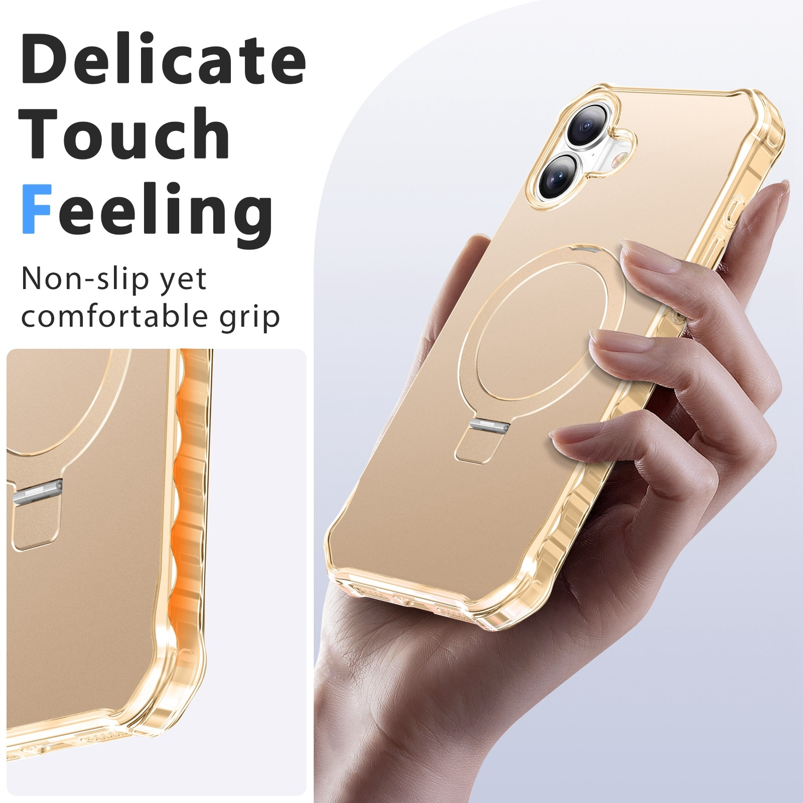 Hand hält ein goldenes Smartphone in einer Schutzhülle mit Ring.