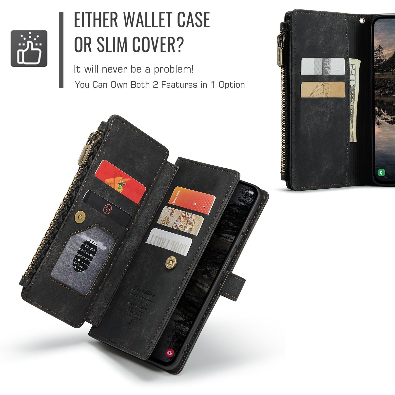 Una funda de piel negra para móvil con ranuras para tarjetas, monedero con cremallera y teléfono.
