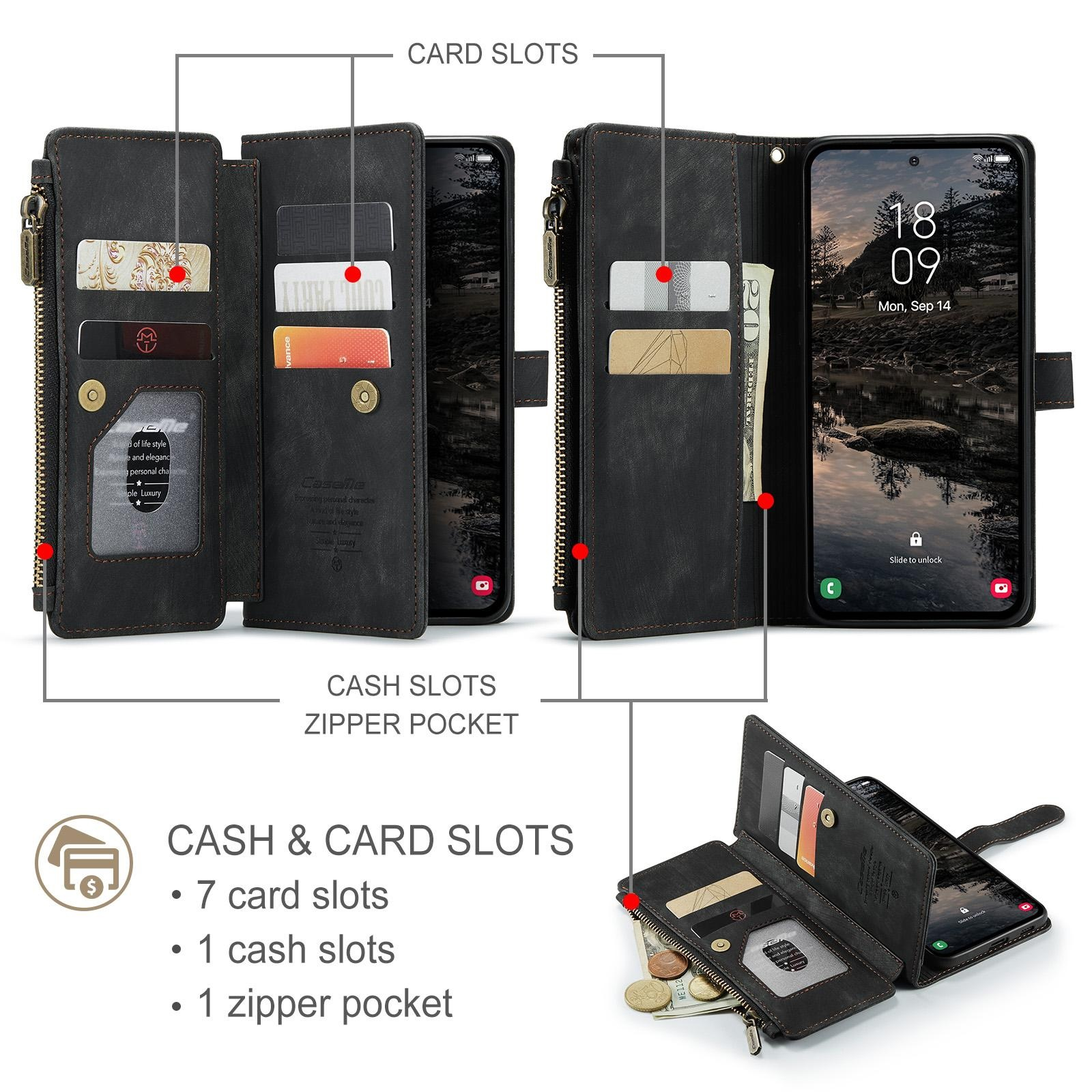 Funda de cuero negro para teléfono con tarjeteros, espacio para efectivo y bolsillo con cremallera.