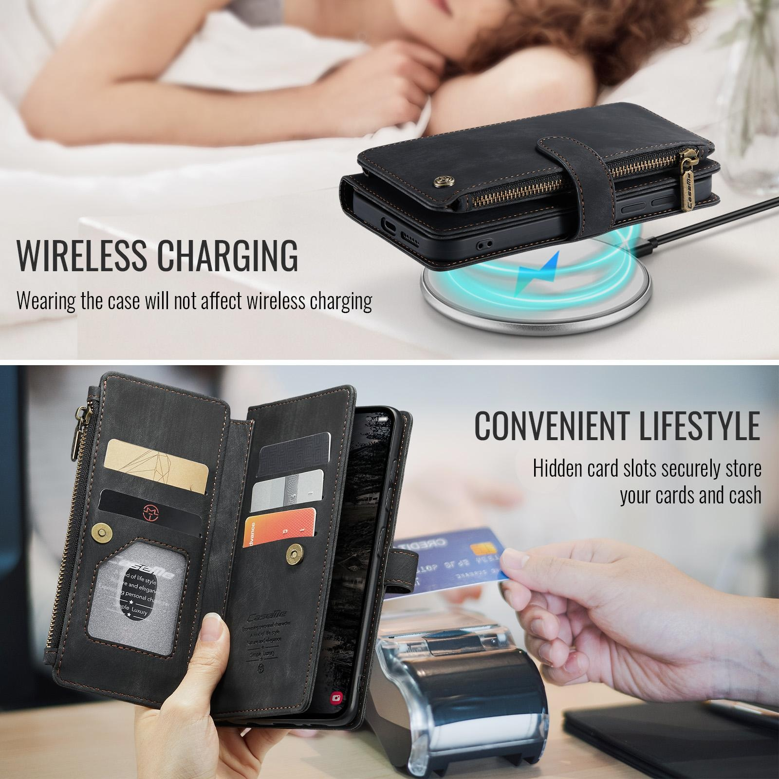 Una billetera de cuero negro para teléfono se carga de forma inalámbrica.