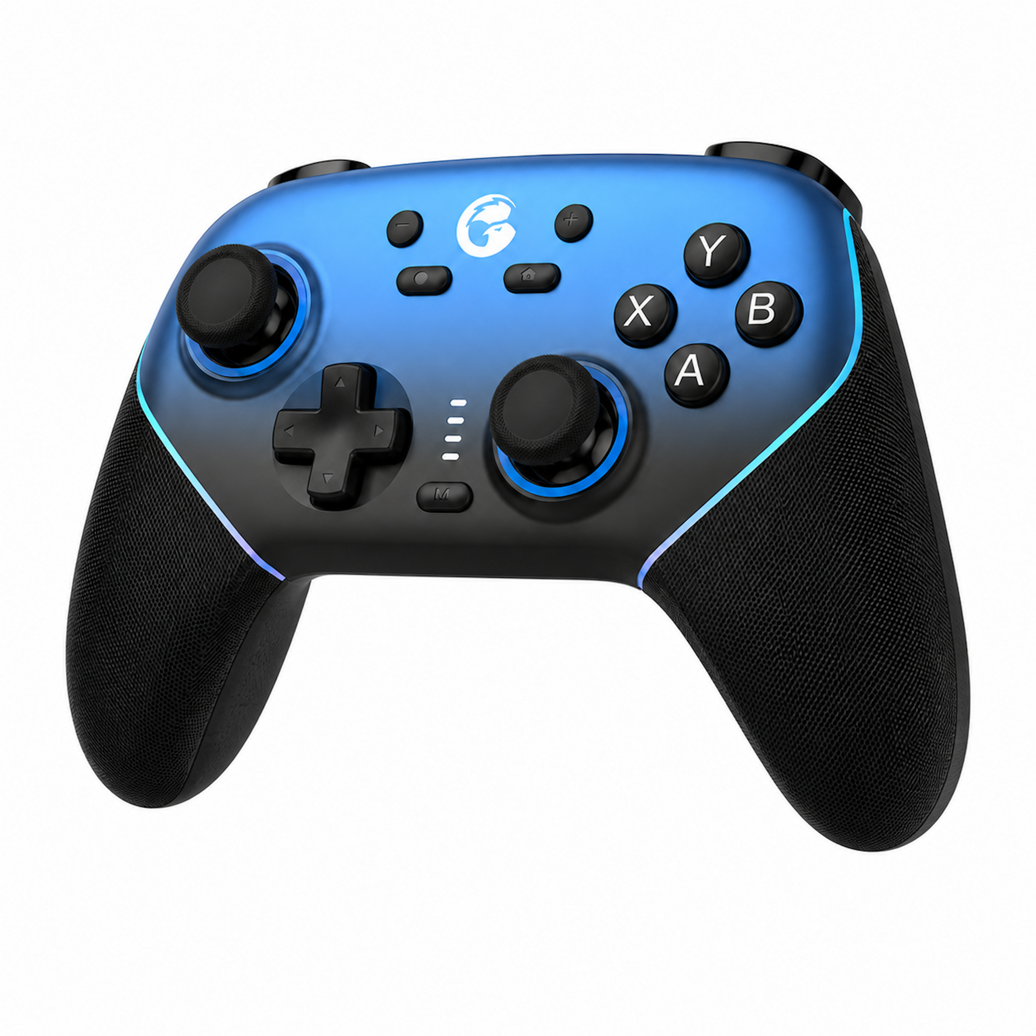 Ein blau-schwarzer kabelloser Gaming-Controller mit zwei Joysticks, Steuerkreuz, Aktionsknöpfen und blauer Beleuchtung.