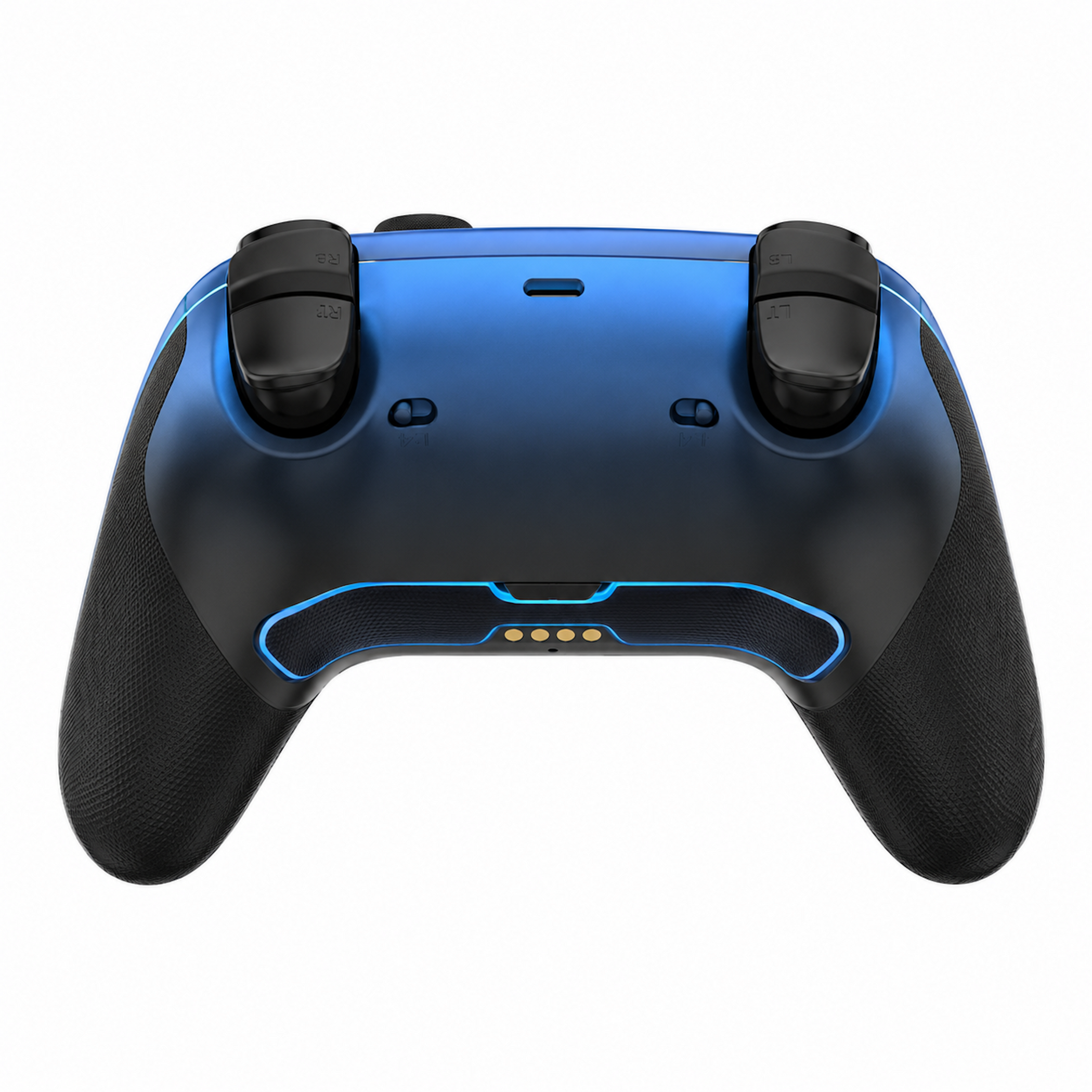 Rückansicht eines blau-schwarzen Gaming-Controllers mit strukturierten Griffen auf weißem Hintergrund.