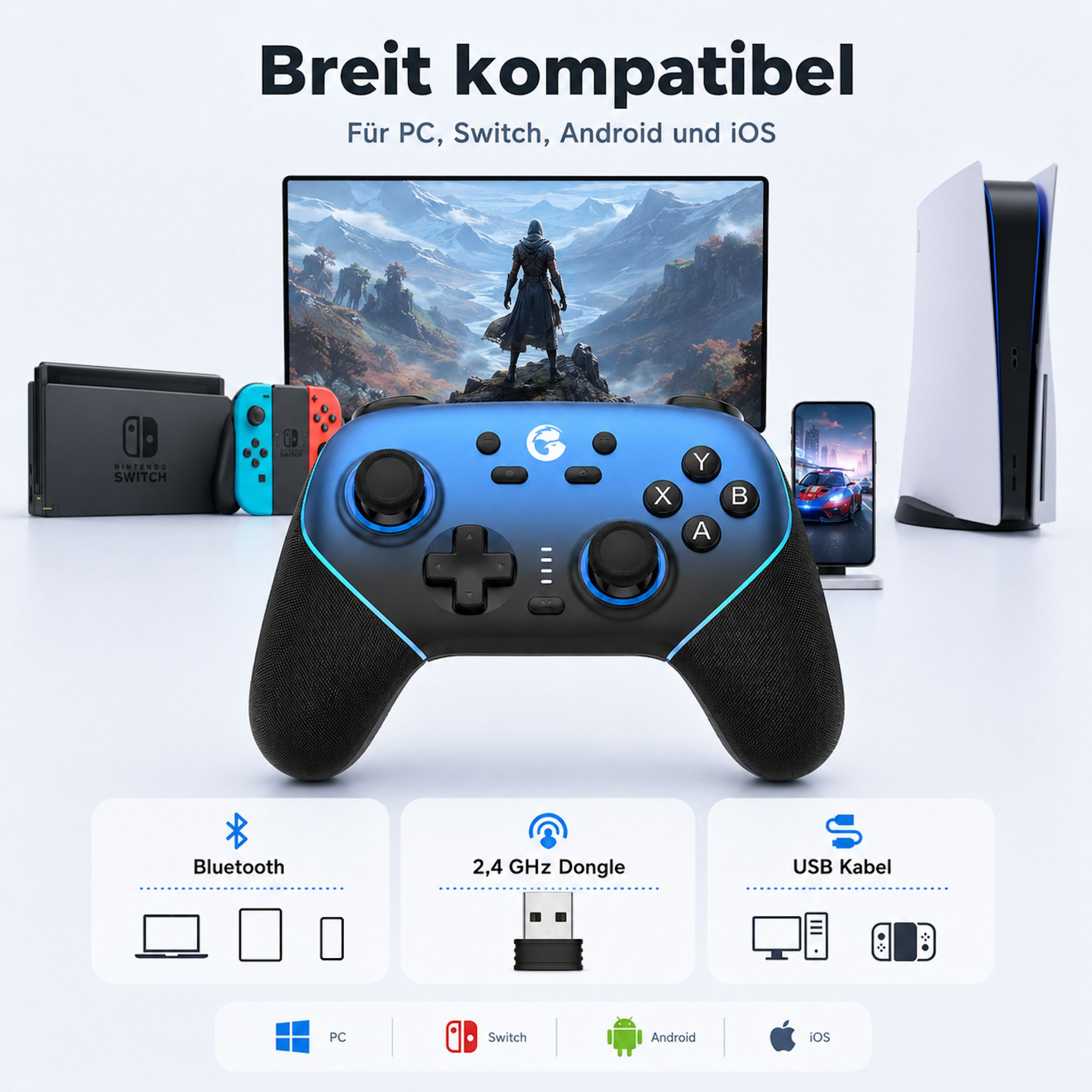 Ein blauer Gamecontroller davor, umgeben von Nintendo Switch, PC-Monitor, Smartphone und PS5.