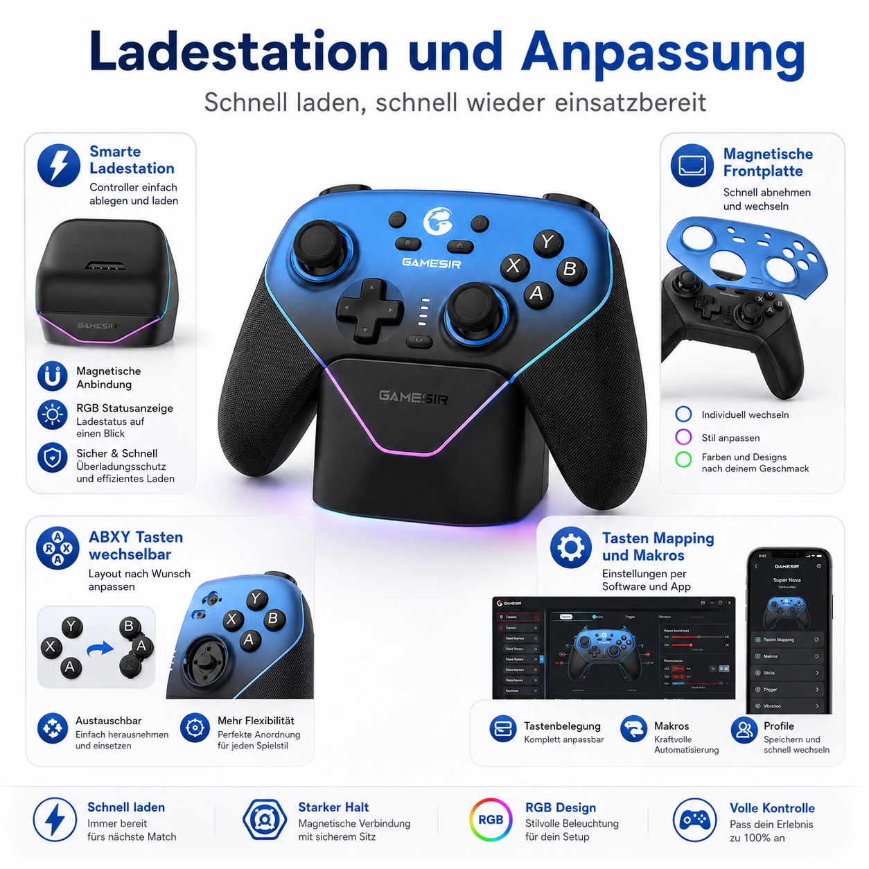 Blaue GameSir Controller Lade- und Anpassungsstation mit RGB-Beleuchtung, Magnetfrontplatte und Software.