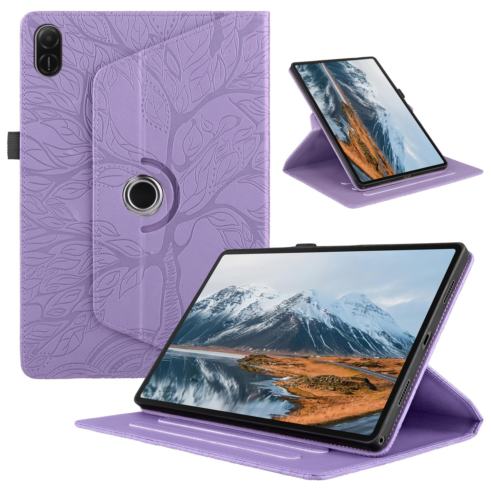 Funda de tableta morada con diseño de árbol grabado, abierta y cerrada.