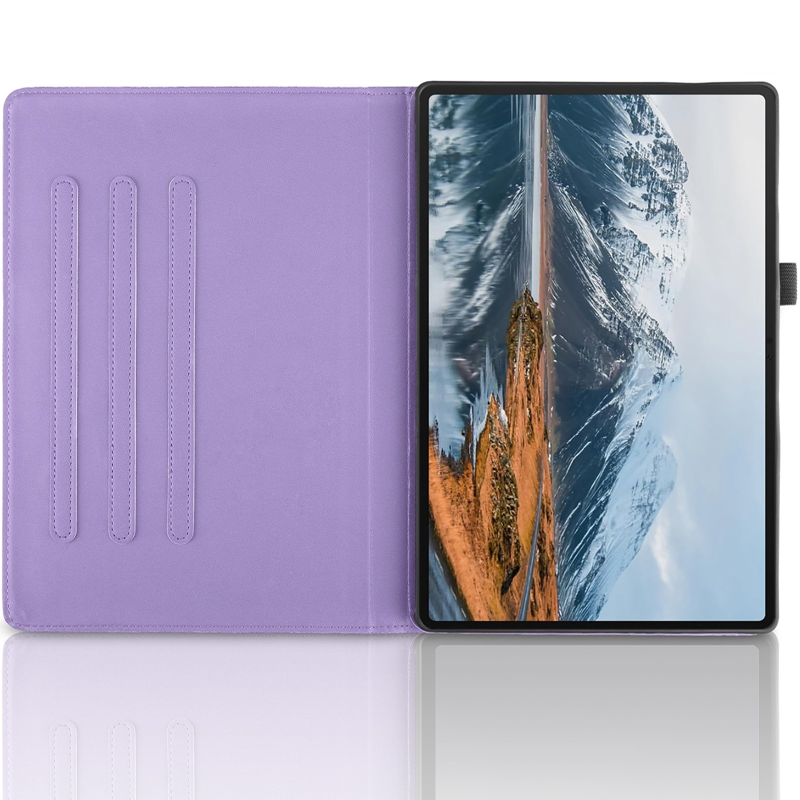 Una funda de tableta morada está abierta, mostrando un paisaje montañoso en la pantalla.
