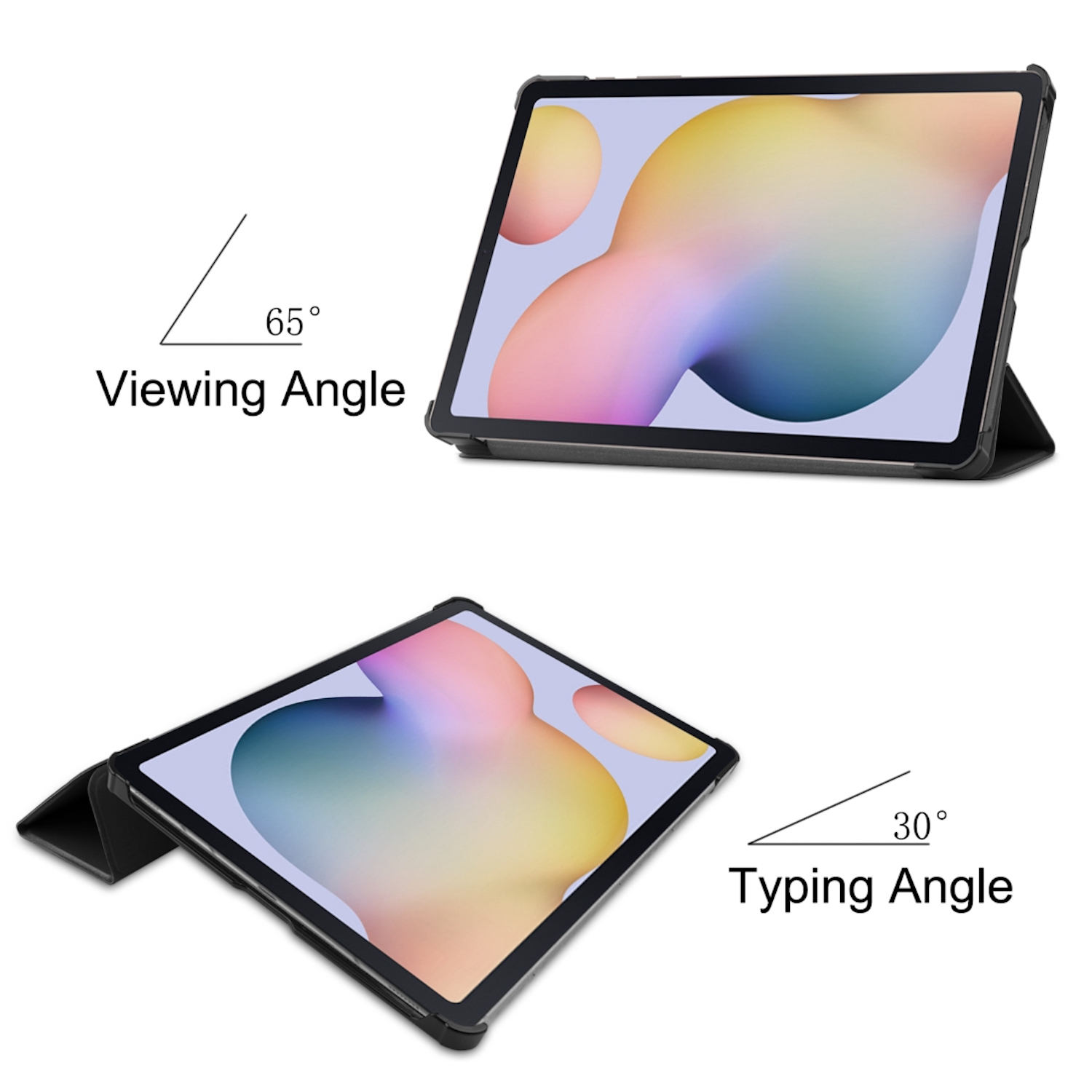 Tablet in Schutzhülle zeigt 65 Grad Betrachtungswinkel und 30 Grad Tippwinkel.
