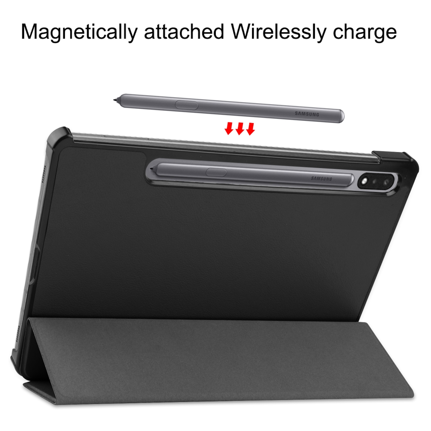 Ein Samsung-Tablet in einer Hülle, bei dem ein Eingabestift magnetisch haftet und kabellos lädt.
