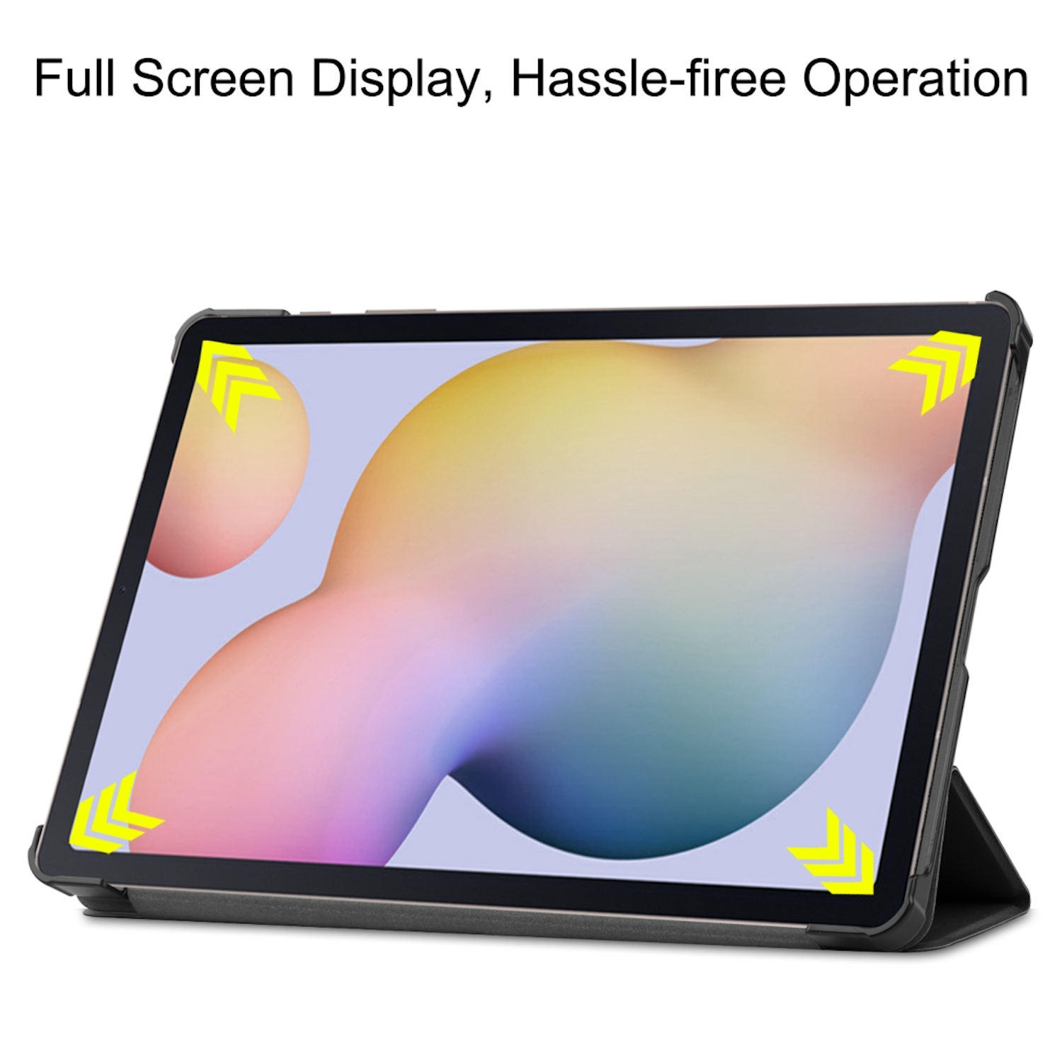 Tablet in dunkler Hülle mit abstrakter Bildschirmanzeige und gelben Eckpfeilen.