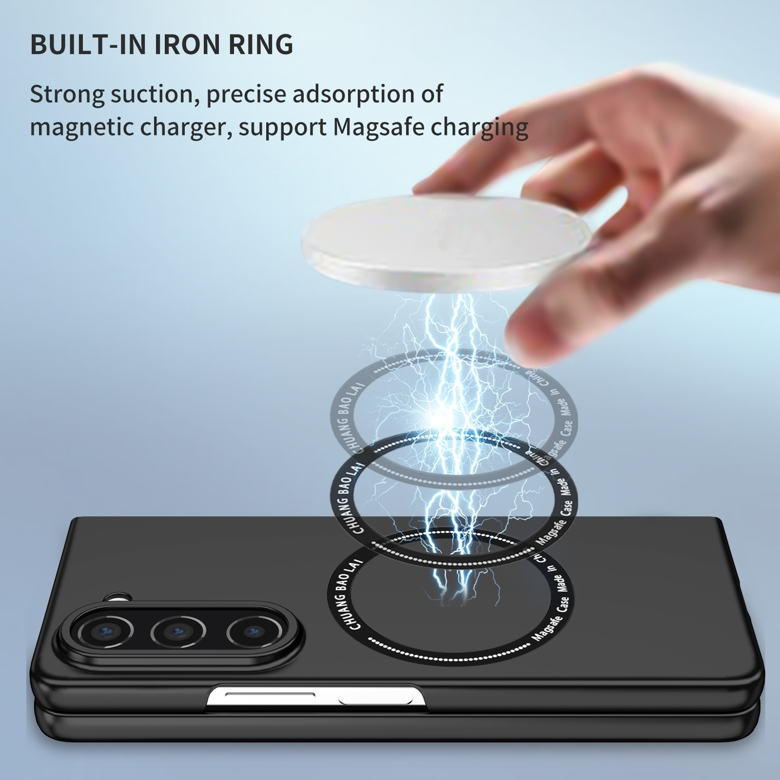 Handyhülle mit integriertem Metallring für Magsafe-Ladegerät, das mit elektrischen Strahlen verbunden ist.