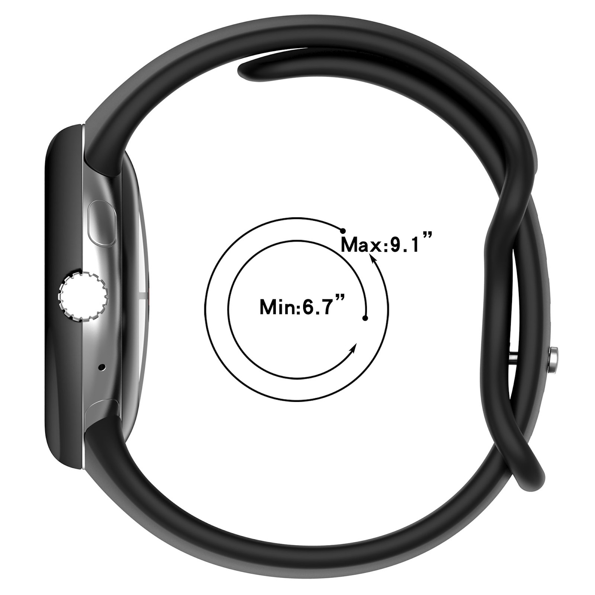 Schwarze Smartwatch mit Armband zeigt Maße von Min 6.7" bis Max 9.1".