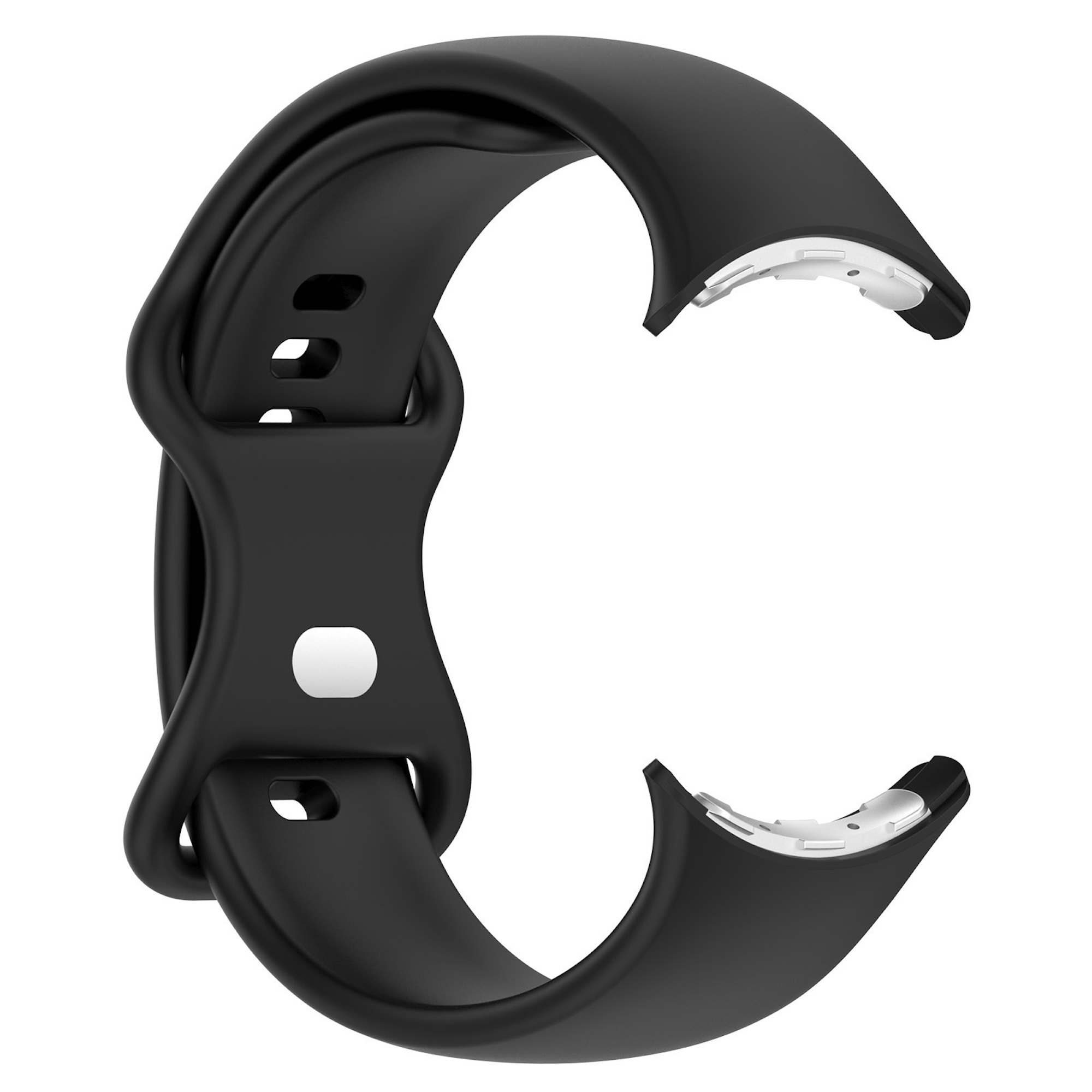 Ein schwarzes Silikonarmband mit silbernen Anschlüssen und einem Druckknopfverschluss auf weißem Hintergrund.