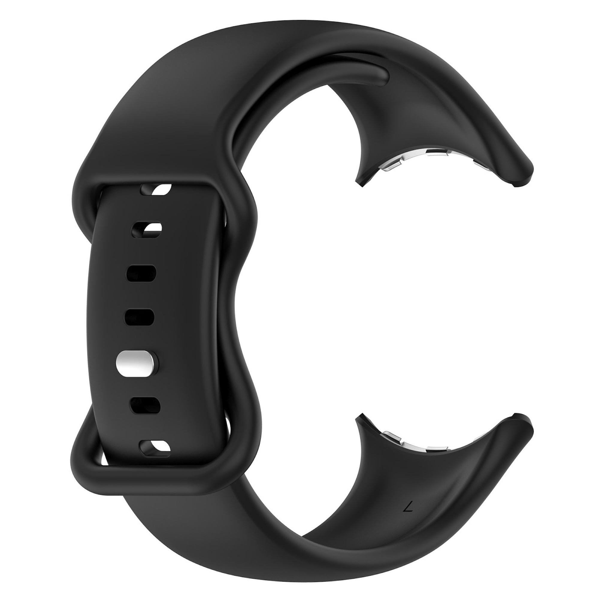 Ein schwarzes Silikon-Smartwatch-Armband in C-Form mit Metallstiftverschluss vor weißem Hintergrund.
