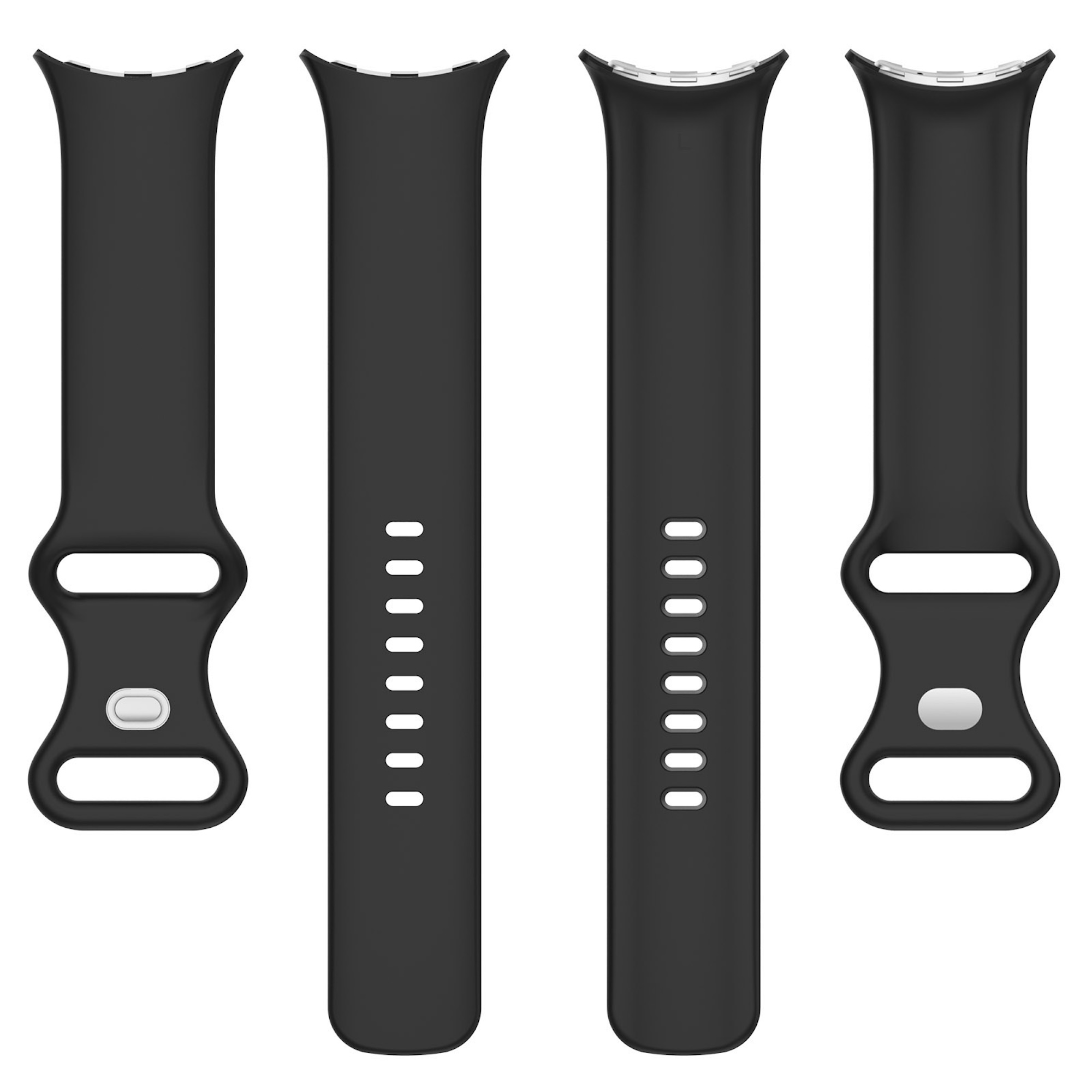 Vier schwarze Smartwatch-Armbänder mit Verschlüssen und Löchern auf weißem Hintergrund.