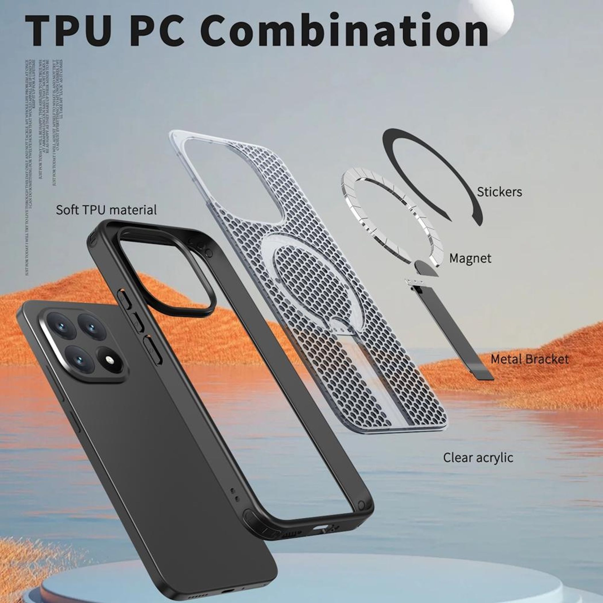 Vista explosionada de una funda de teléfono de TPU y PC que muestra imán, soporte y acrílico.