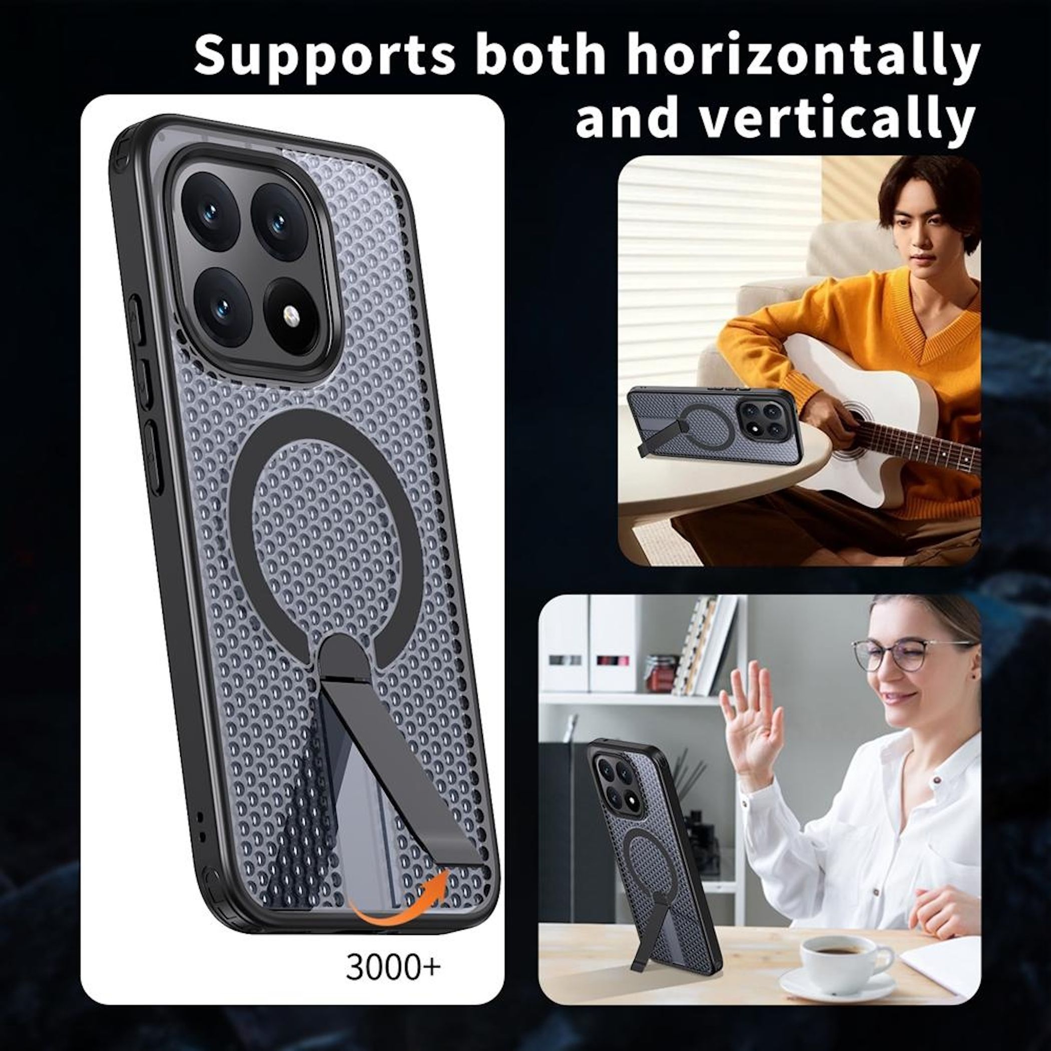 Funda para teléfono con soporte integrado para uso horizontal y vertical.