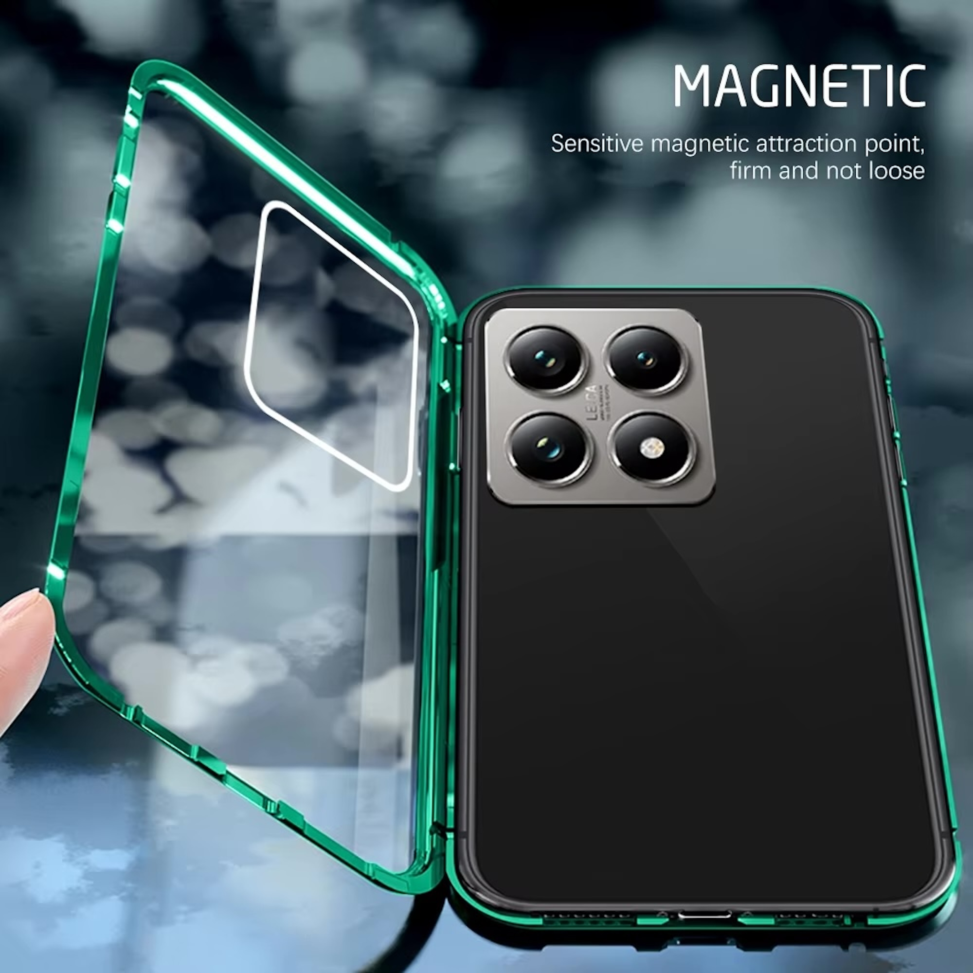 Ein Smartphone in einer grünen Magnet Hülle mit Text MAGNETIC oben.
