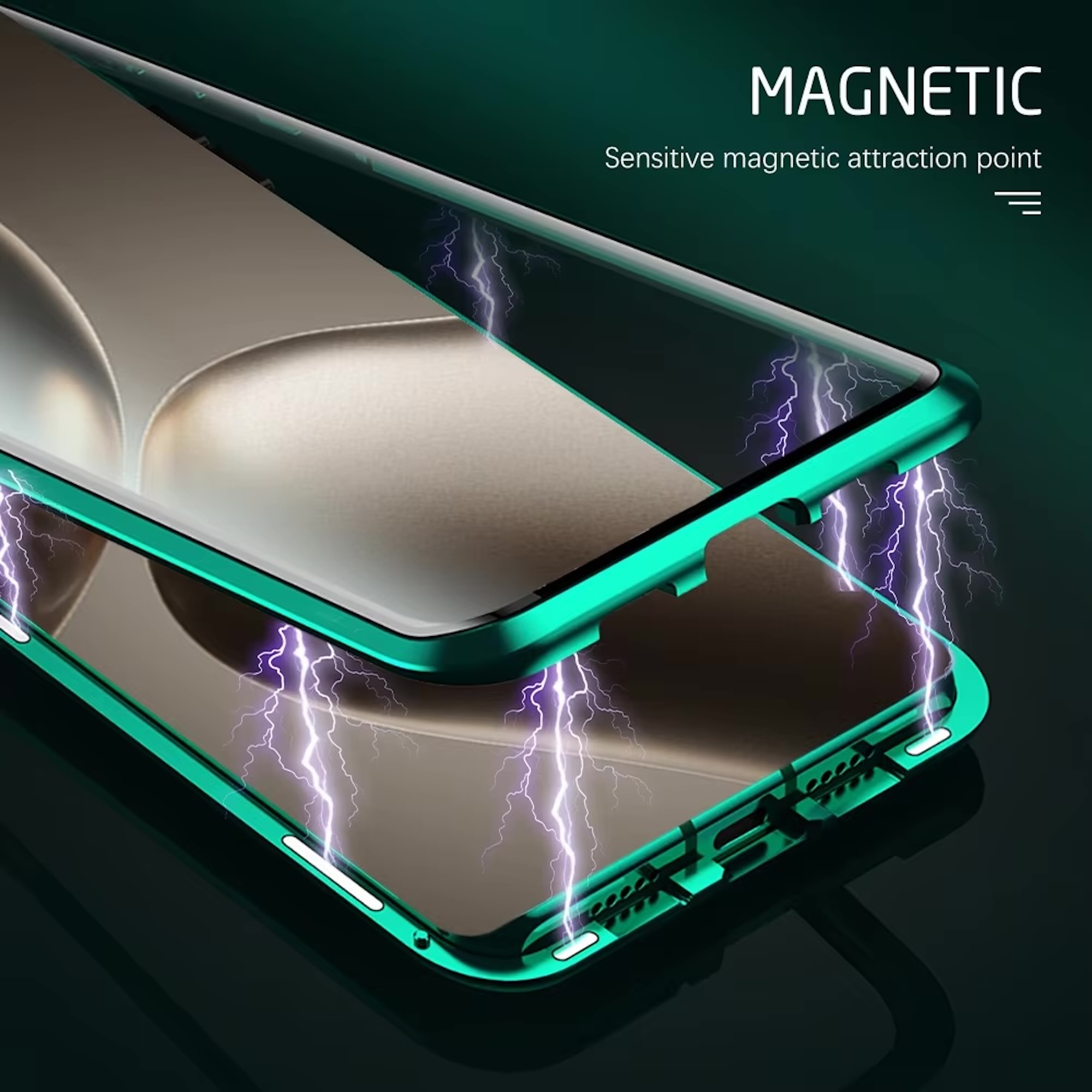 Magnetische Handyhülle mit grünem Rahmen und elektrischen Blitzen.