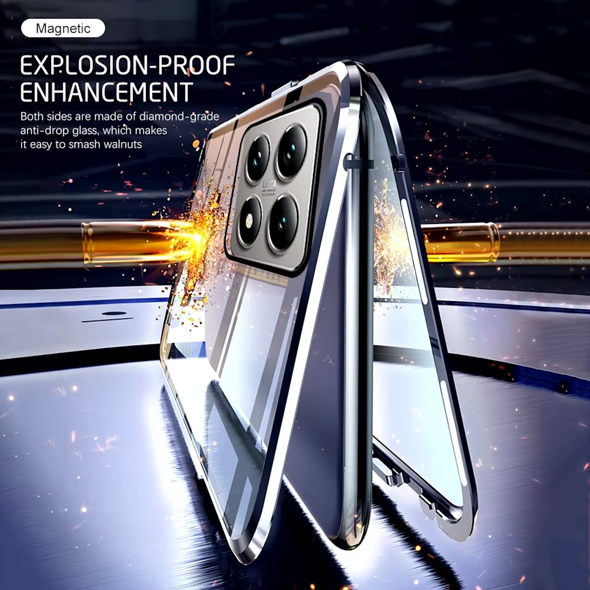 Eine magnetische Handyhülle mit explosionsgeschützter Verstärkung, Sturzsicherem Glas und elegantem Silbermetallrahmen.