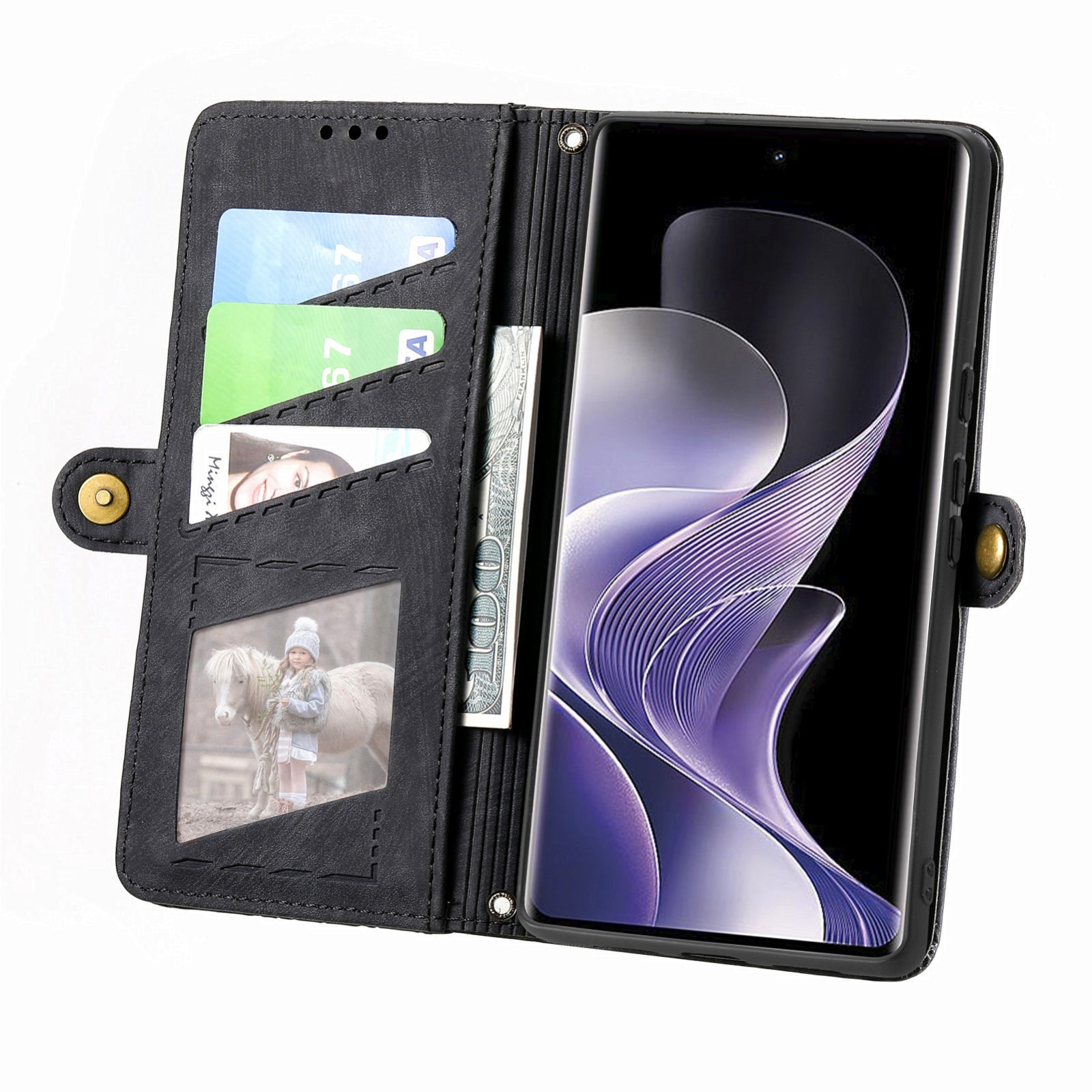 Funda de cuero negro para móvil con tarjetas, dinero y smartphone con gráficos abstractos en pantalla sobre fondo blanco.