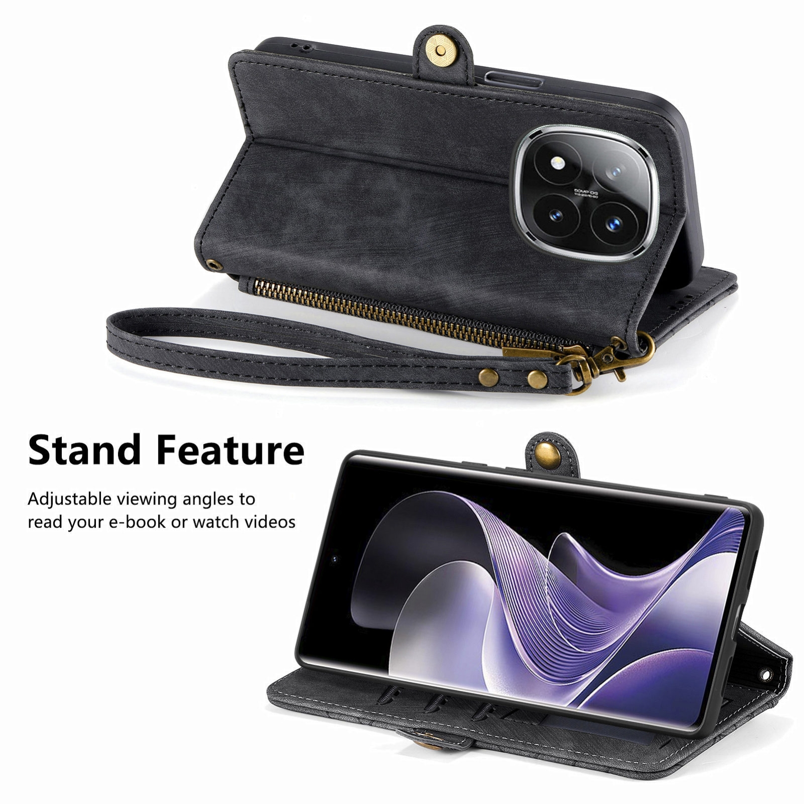 Funda de cuero negro para teléfono con función atril y bolsillo con cremallera sobre fondo blanco.