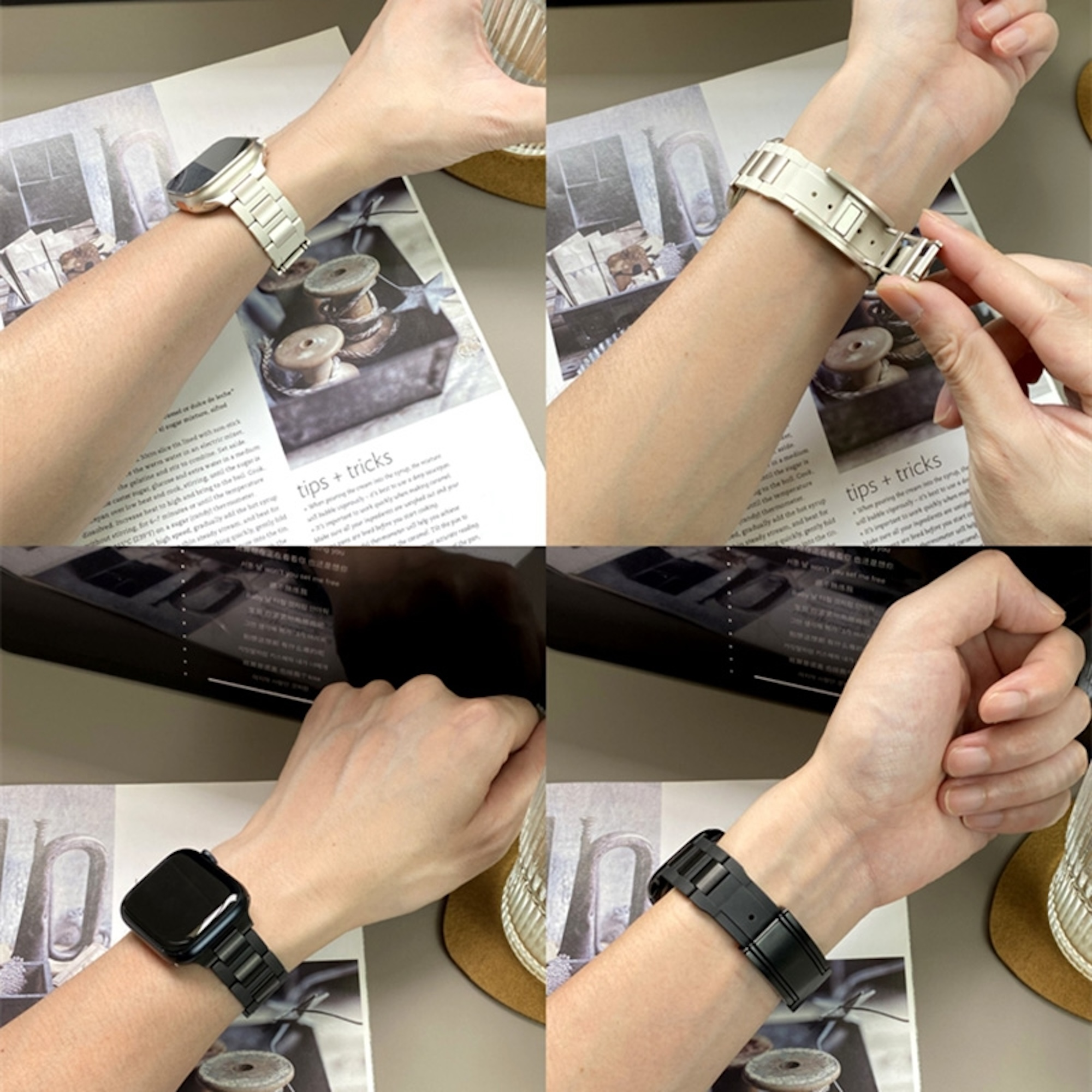 Vier Felder zeigen Handgelenke mit weißen und schwarzen Metall-Apple-Watch-Armbändern über einer gedruckten Zeitschrift.