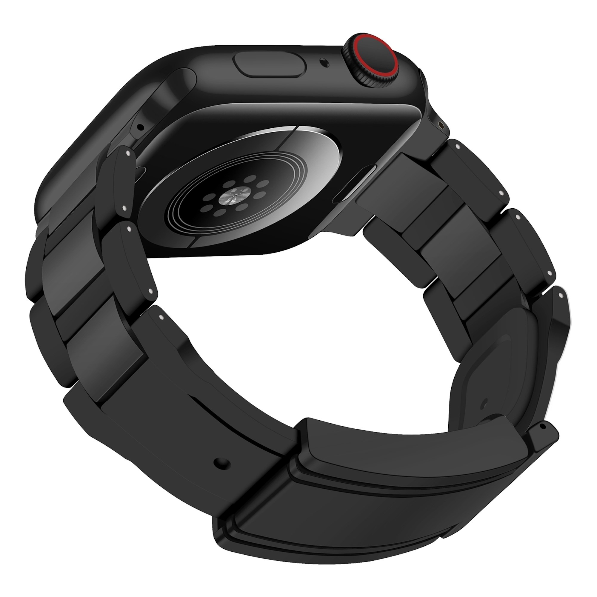 Eine schwarze Smartwatch mit Gliederarmband zeigt den Rückseitensensor und die Krone vor weißem Hintergrund.