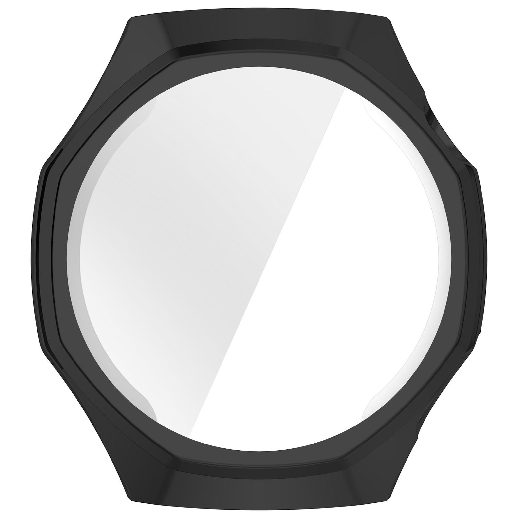 Una cassa per smartwatch nera con quadrante bianco rotondo e vetro riflettente su sfondo bianco.