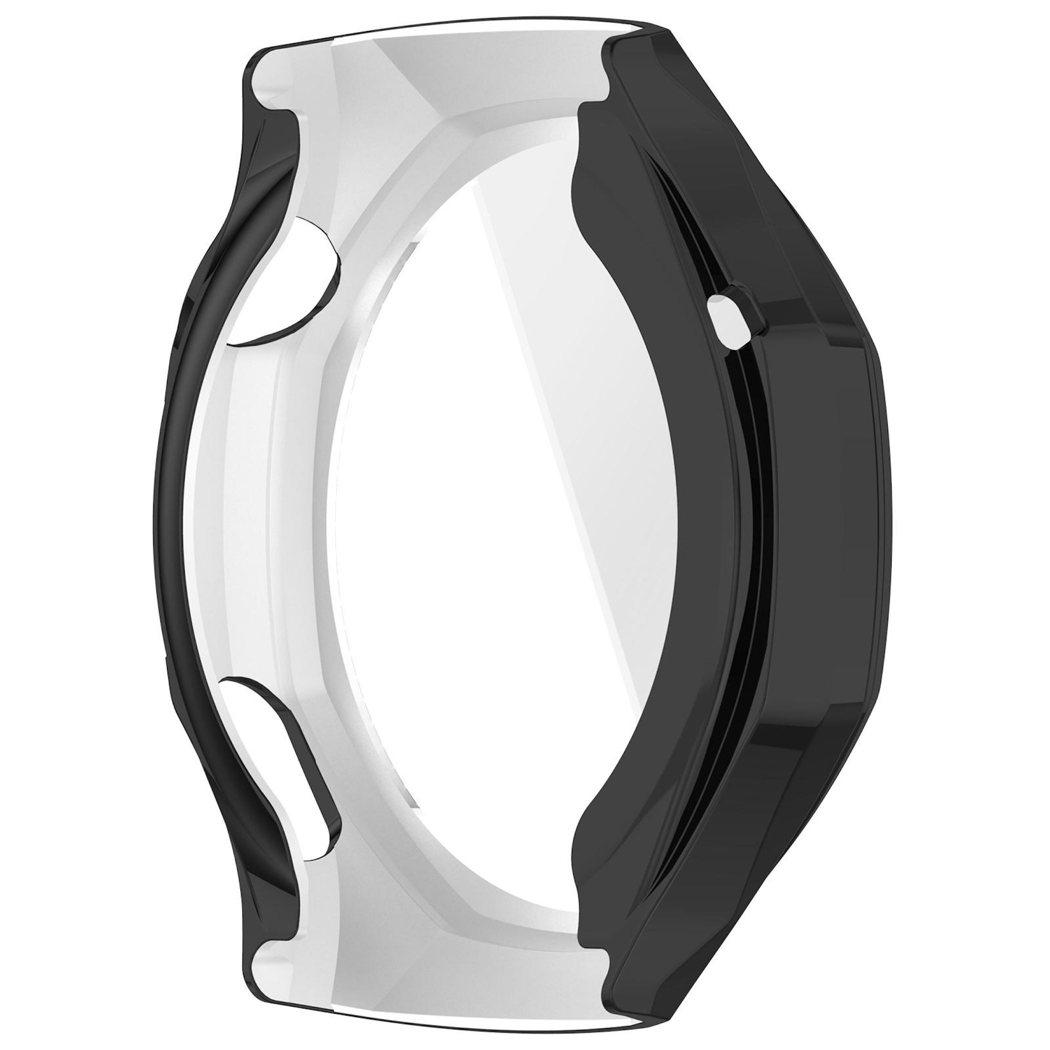 Custodia protettiva in bianco e nero per smartwatch su sfondo neutro.