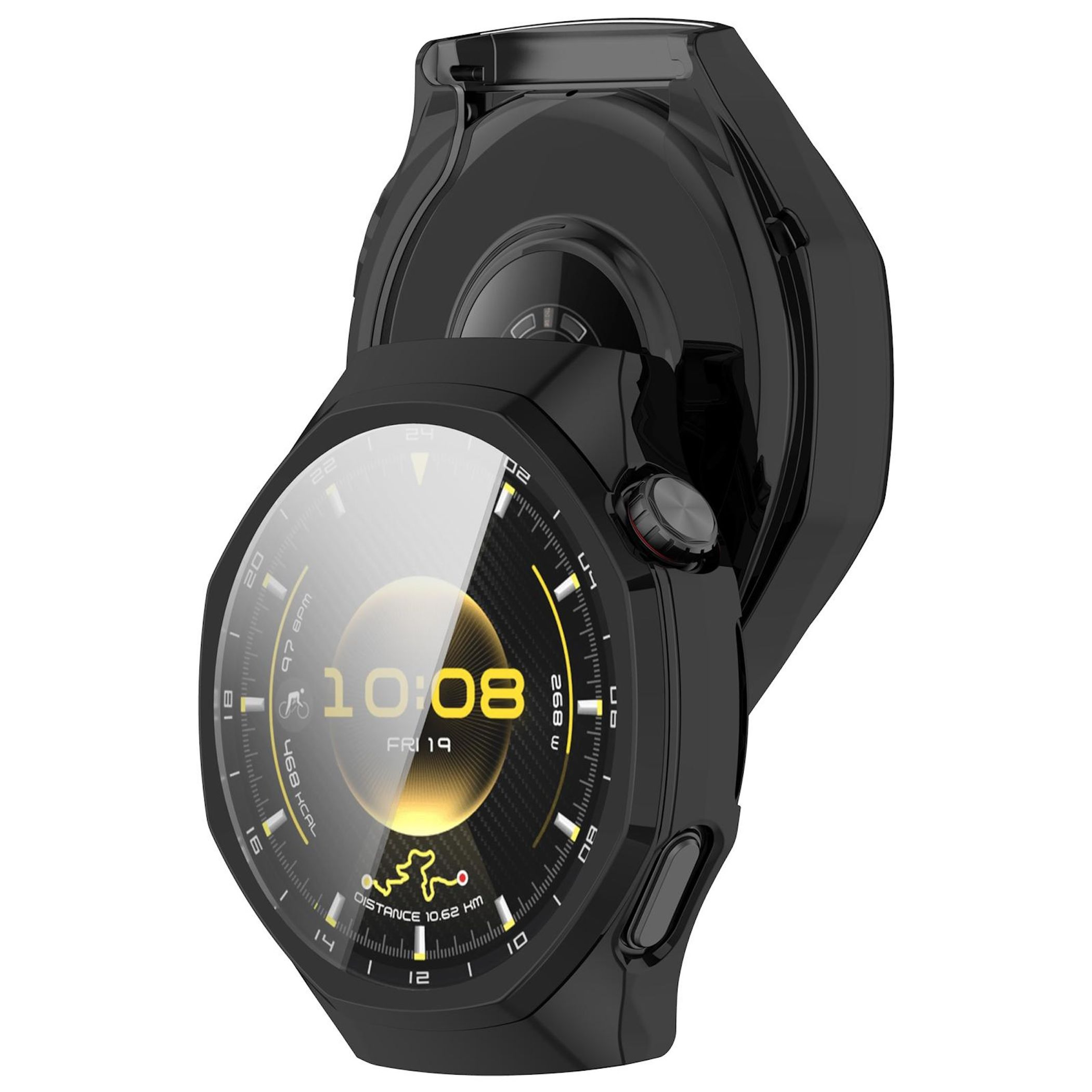 Uno smartwatch nero con display rotondo e fondello aperto su sfondo bianco.
