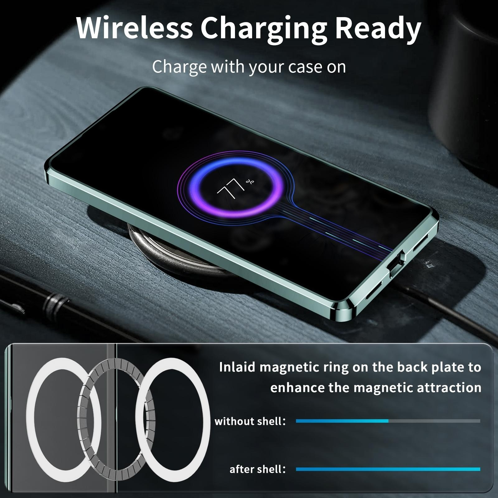 Ein Smartphone lädt kabellos auf einer Matte. Ein Inlay-Ring zeigt die verbesserte Magnetkraft.