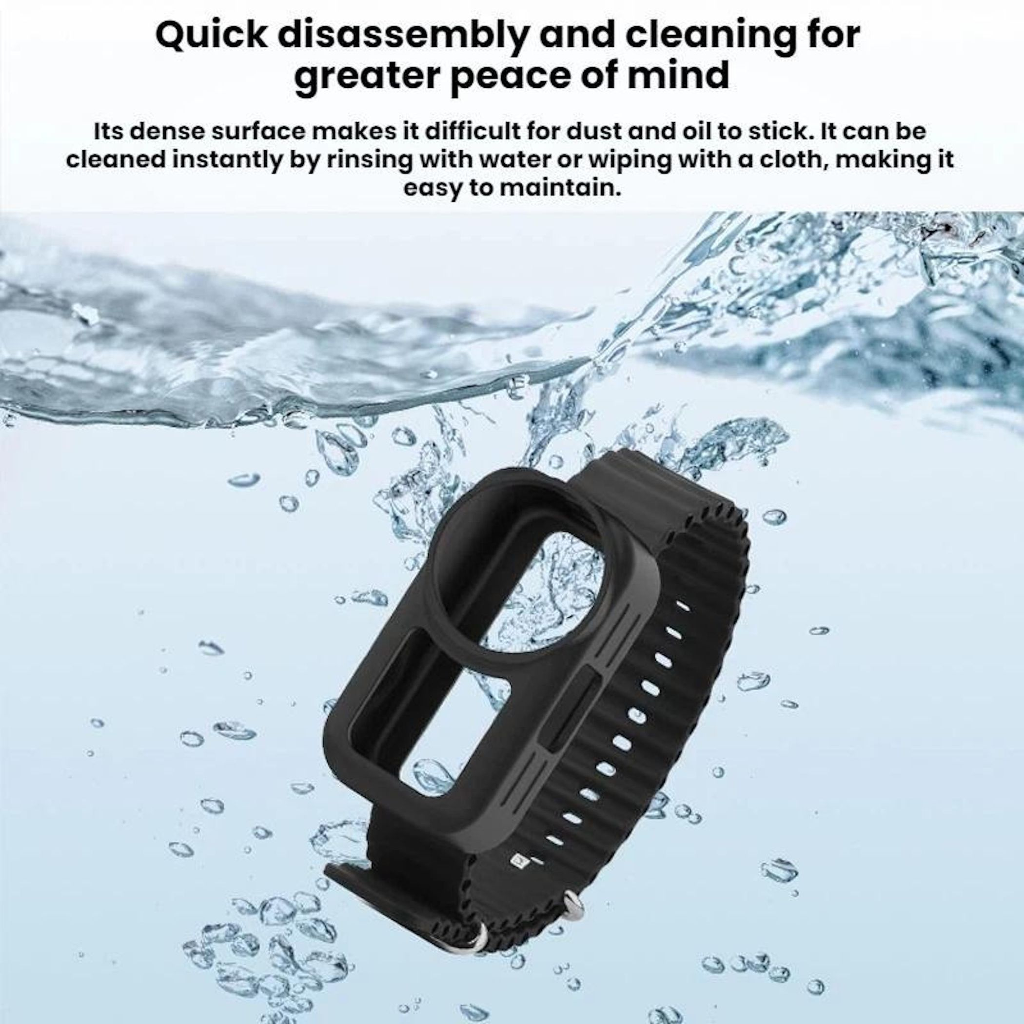 Schwarzes Uhrengehäuse mit Armband unter Wasser mit Text oben.