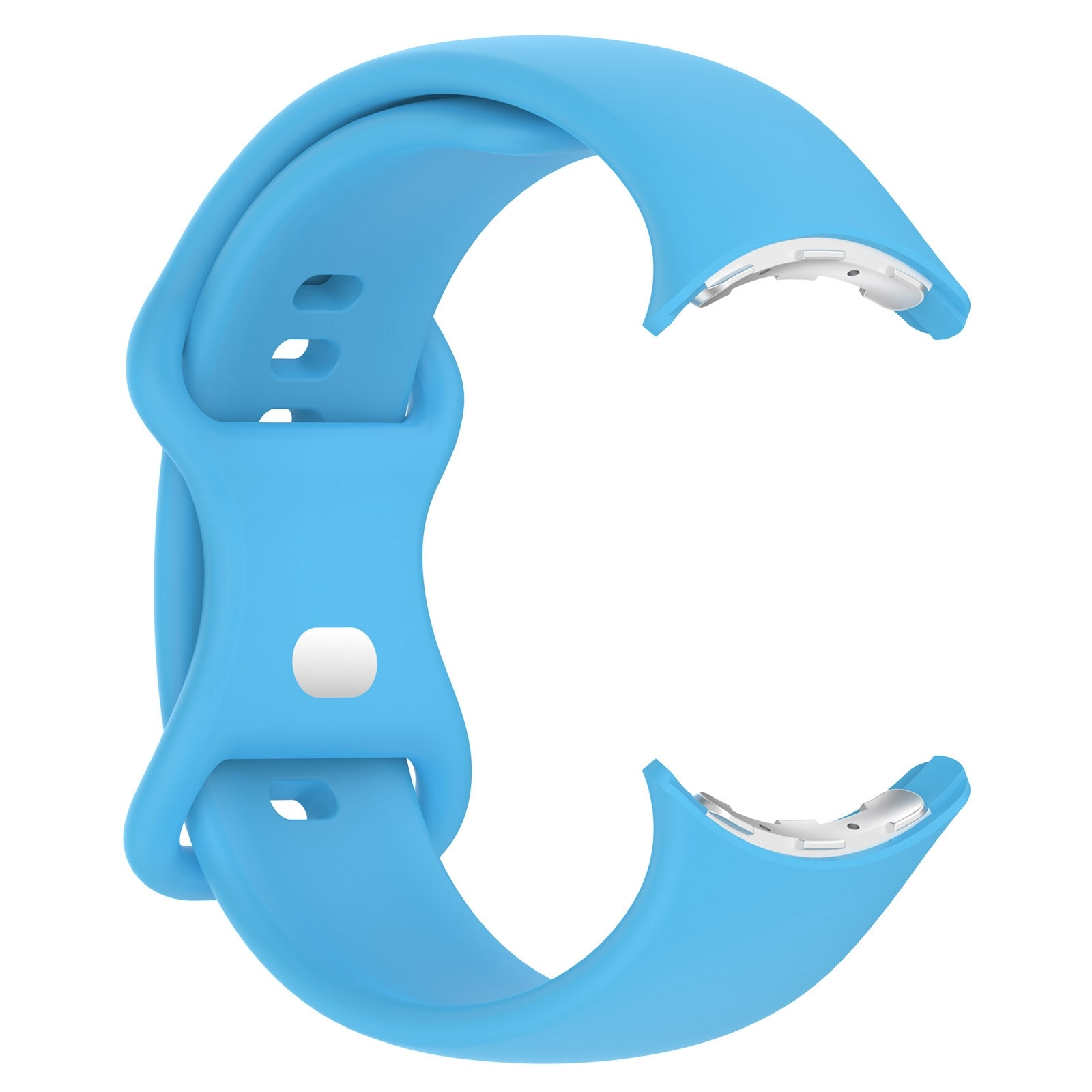 Ein hellblaues Silikon-Uhrenarmband mit silbernen Steckverschlüssen vor weißem Hintergrund.
