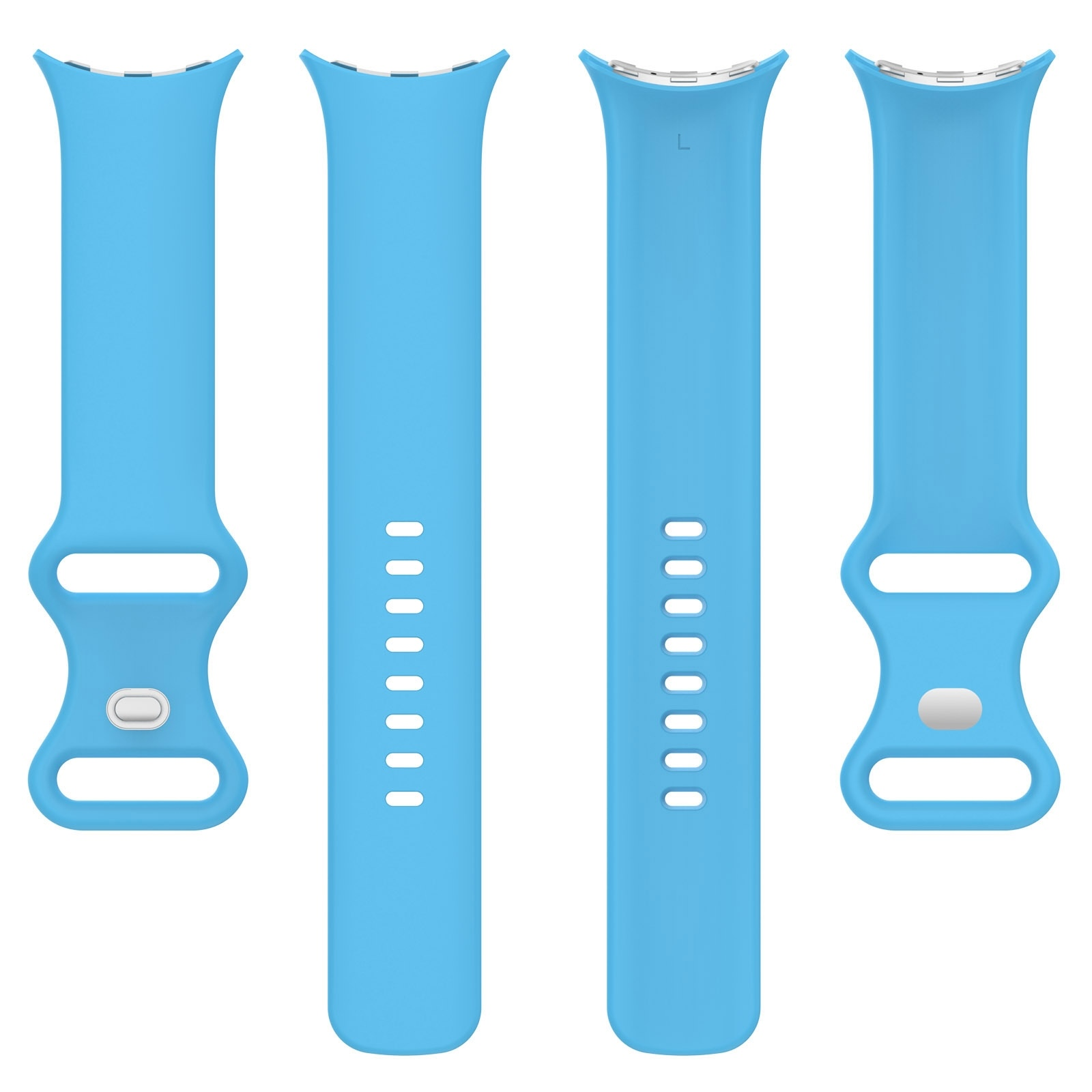 Vier Ansichten eines hellblauen Silikon-Smartwatch-Armbands mit verschiedenen Verschlüssen.