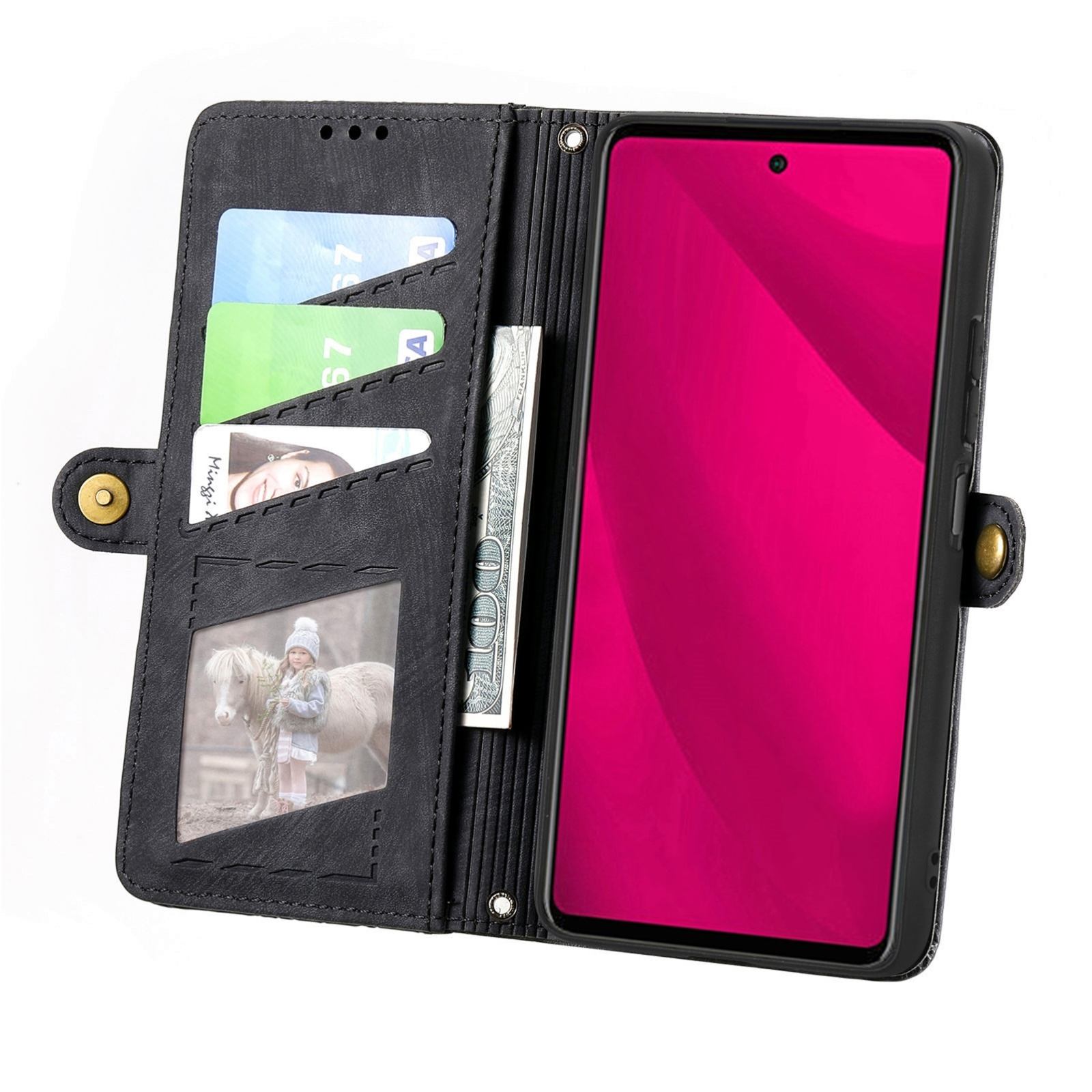 Ein schwarzes Leder-Smartphone-Etui mit Kartenfächern, Geldschein und Fotofenster.