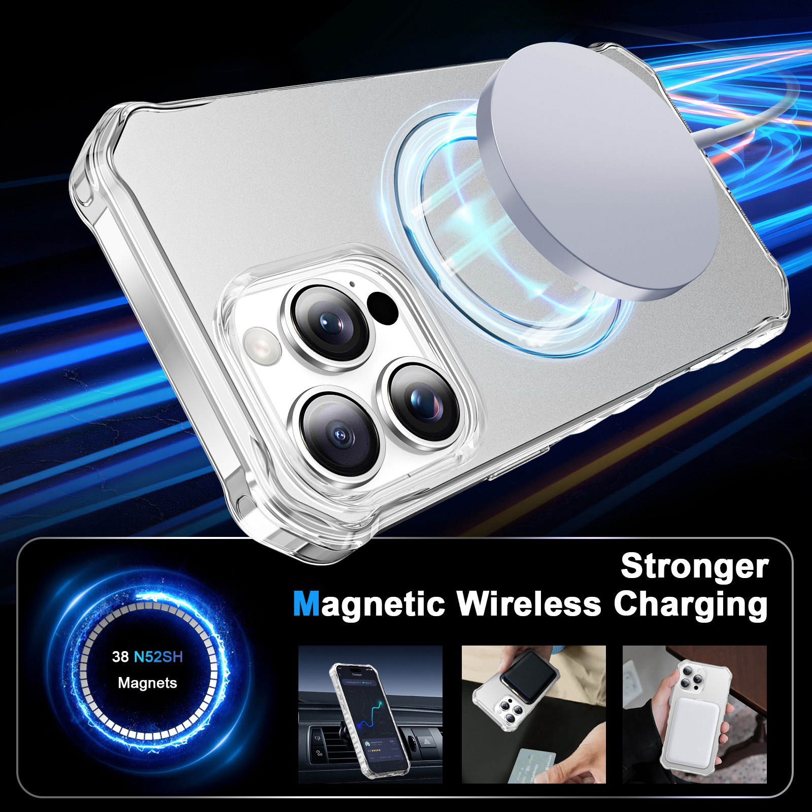 Klares Smartphone-Case mit runder MagSafe-Ladefläche und blauen Lichteffekten.