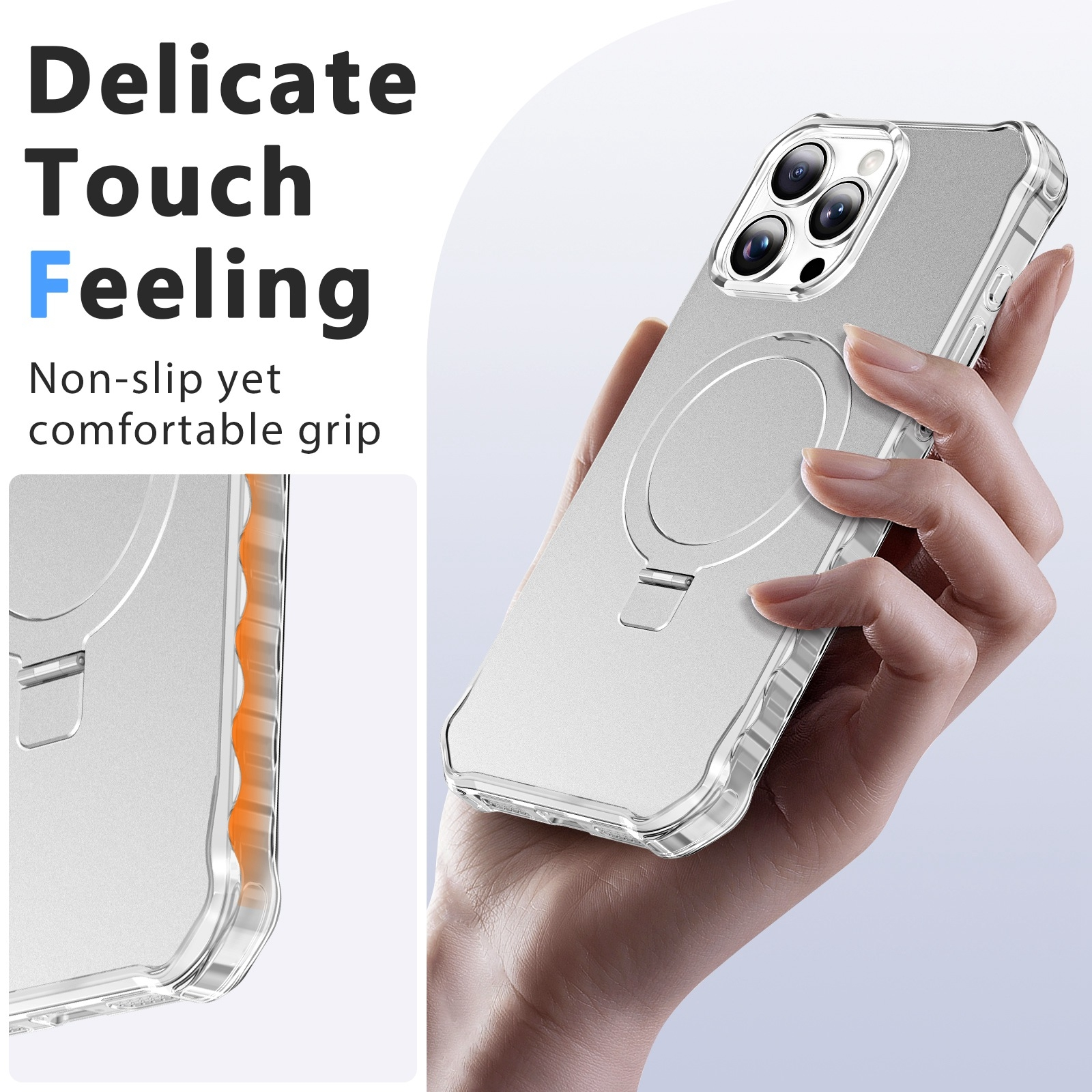 Hand hält iPhone mit durchsichtiger Hülle und Ringmagnet. Text links wirbt für rutschfesten Griff.